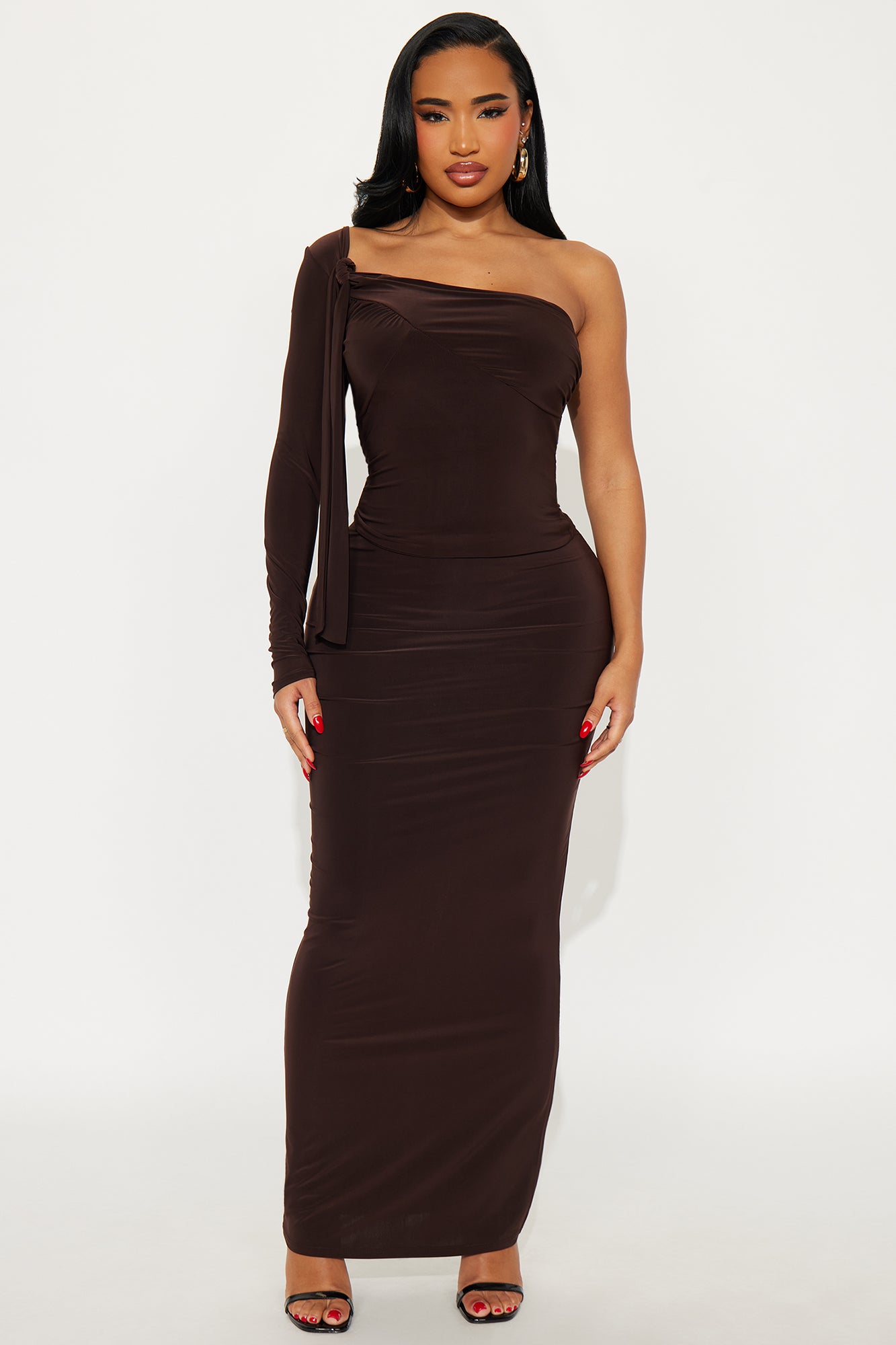 So Statuesque One Shoulder Maxi Skirt Set - Chocolate