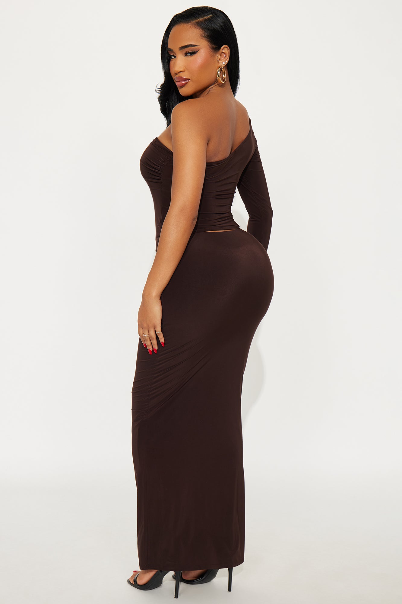 So Statuesque One Shoulder Maxi Skirt Set - Chocolate
