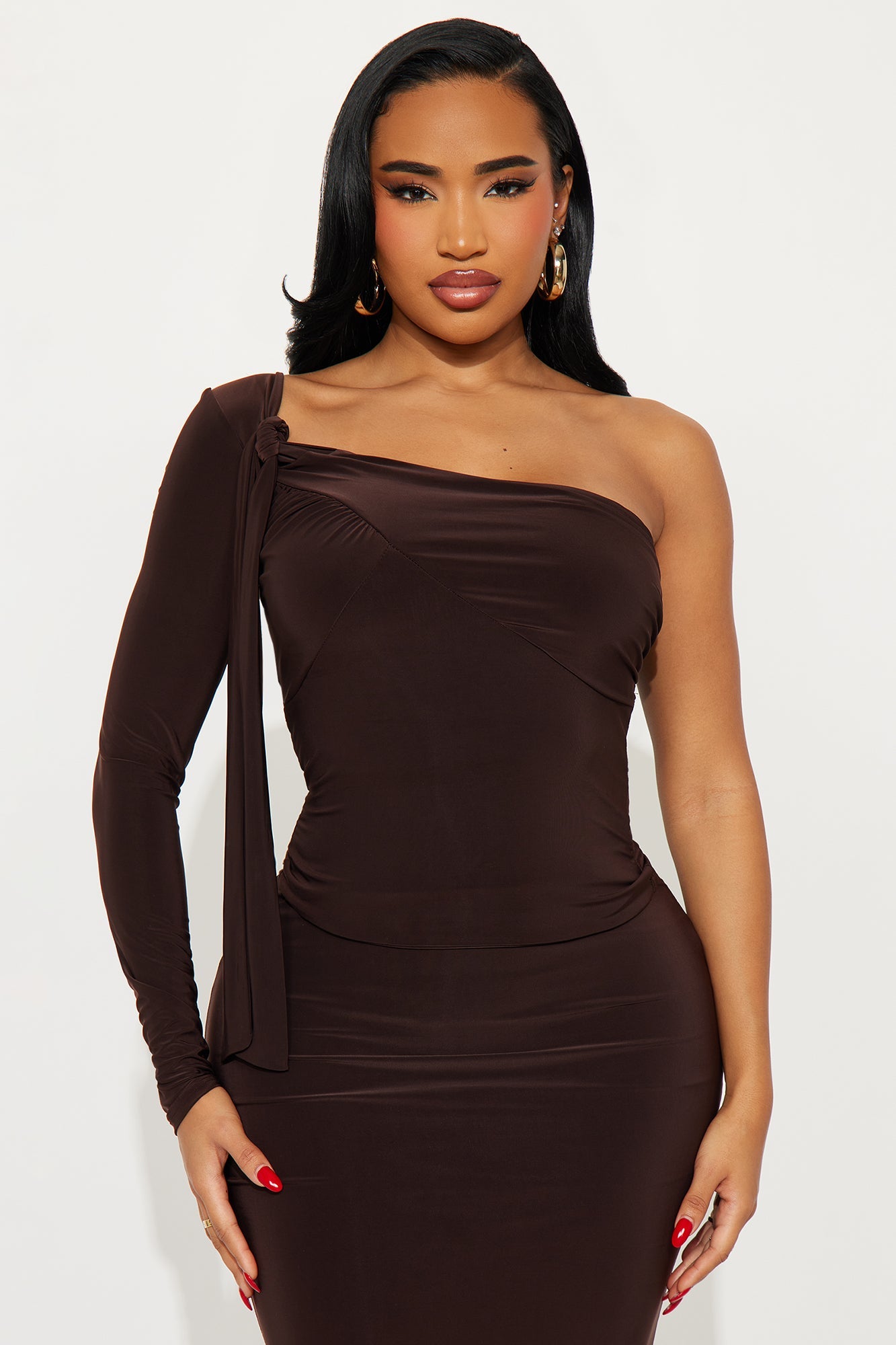 So Statuesque One Shoulder Maxi Skirt Set - Chocolate