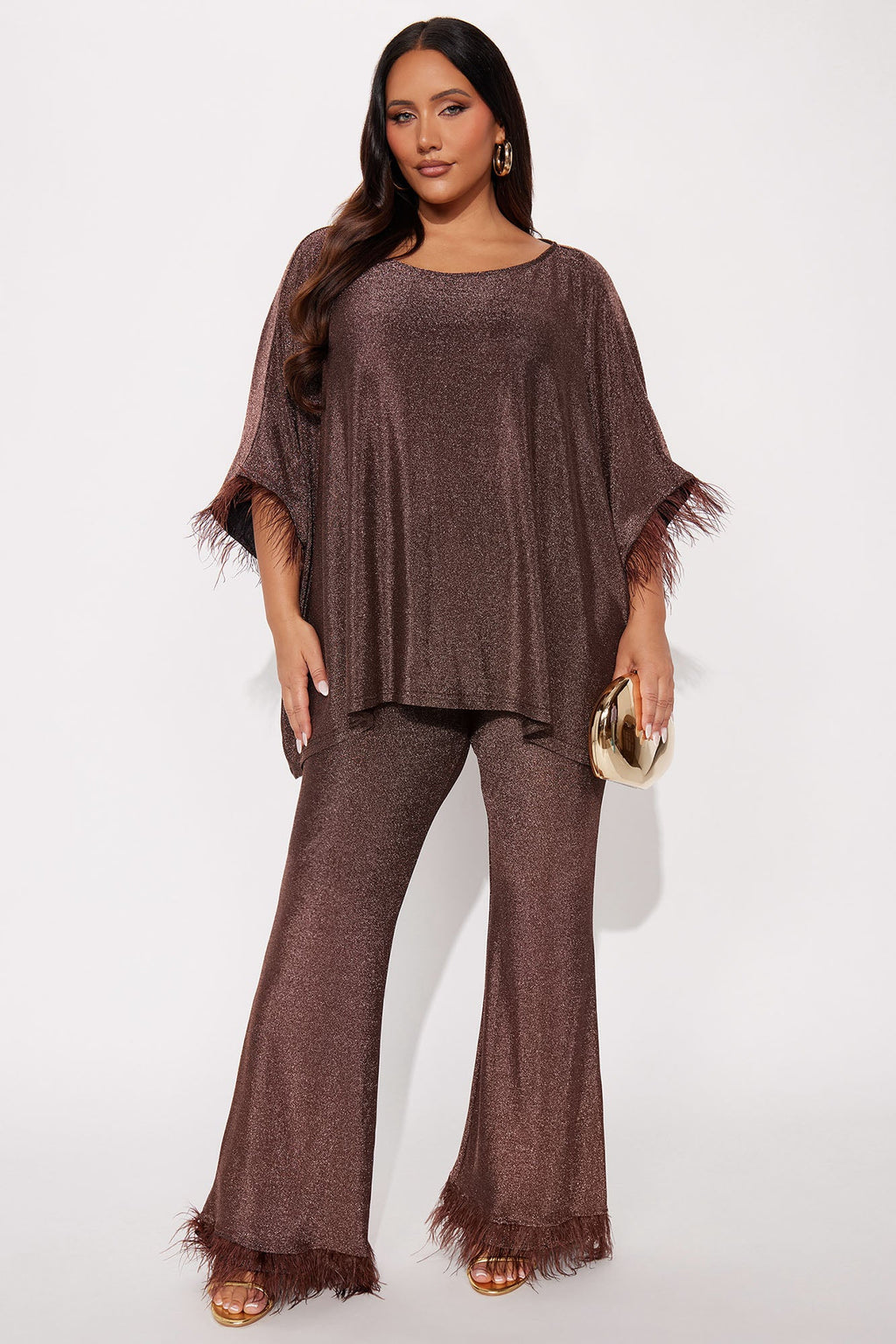 Jazelle Metallic Knit Feather Trim Pant Set  - Chocolate