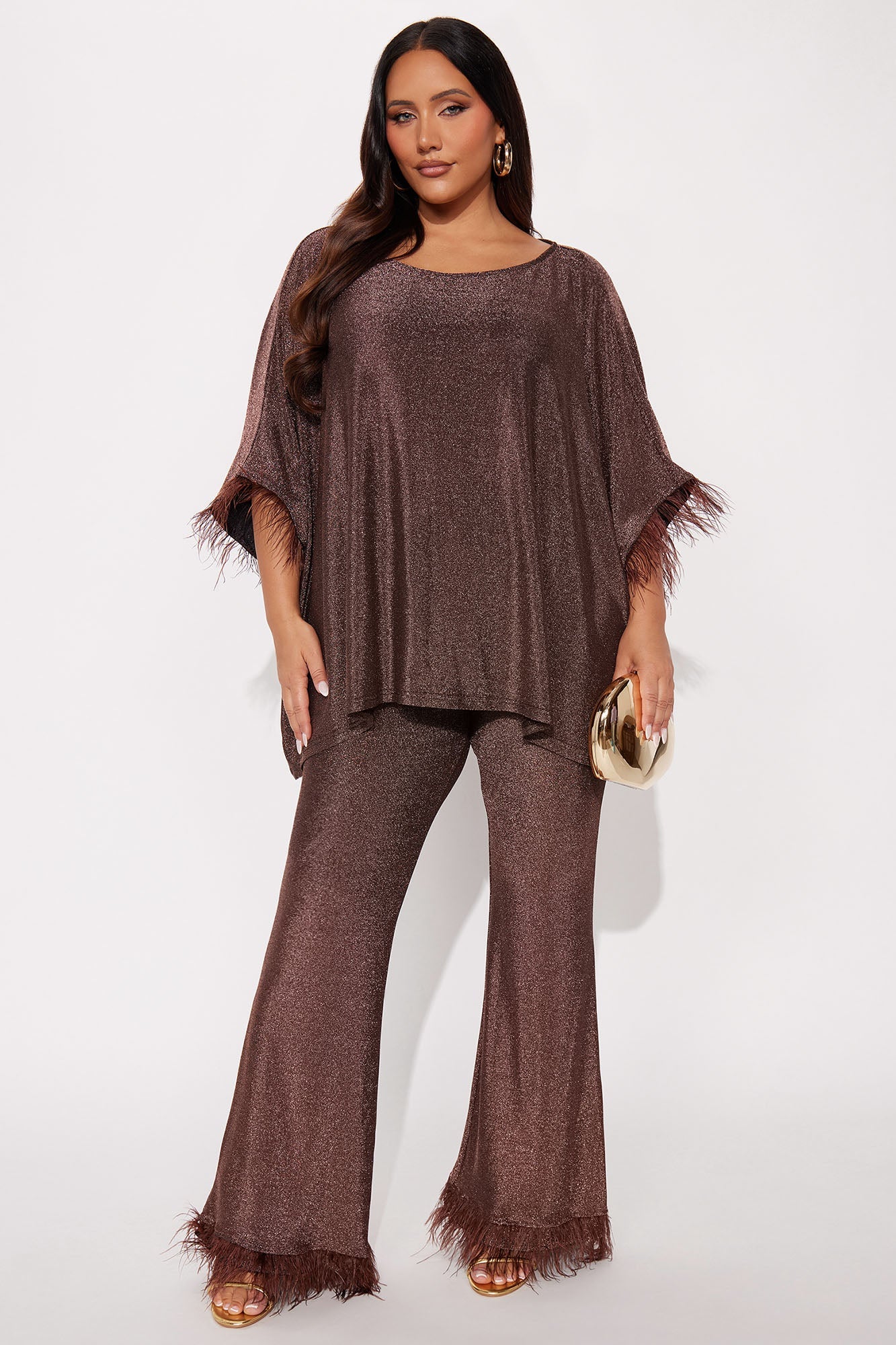 Jazelle Metallic Knit Feather Trim Pant Set  - Chocolate