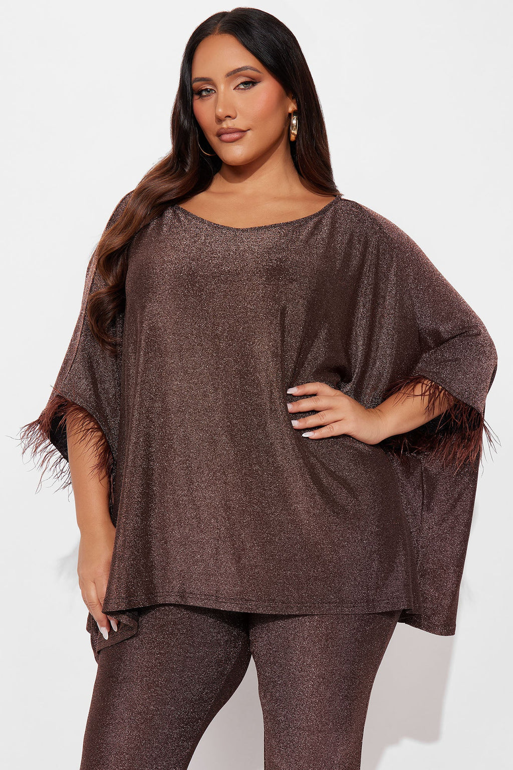 Jazelle Metallic Knit Feather Trim Pant Set  - Chocolate
