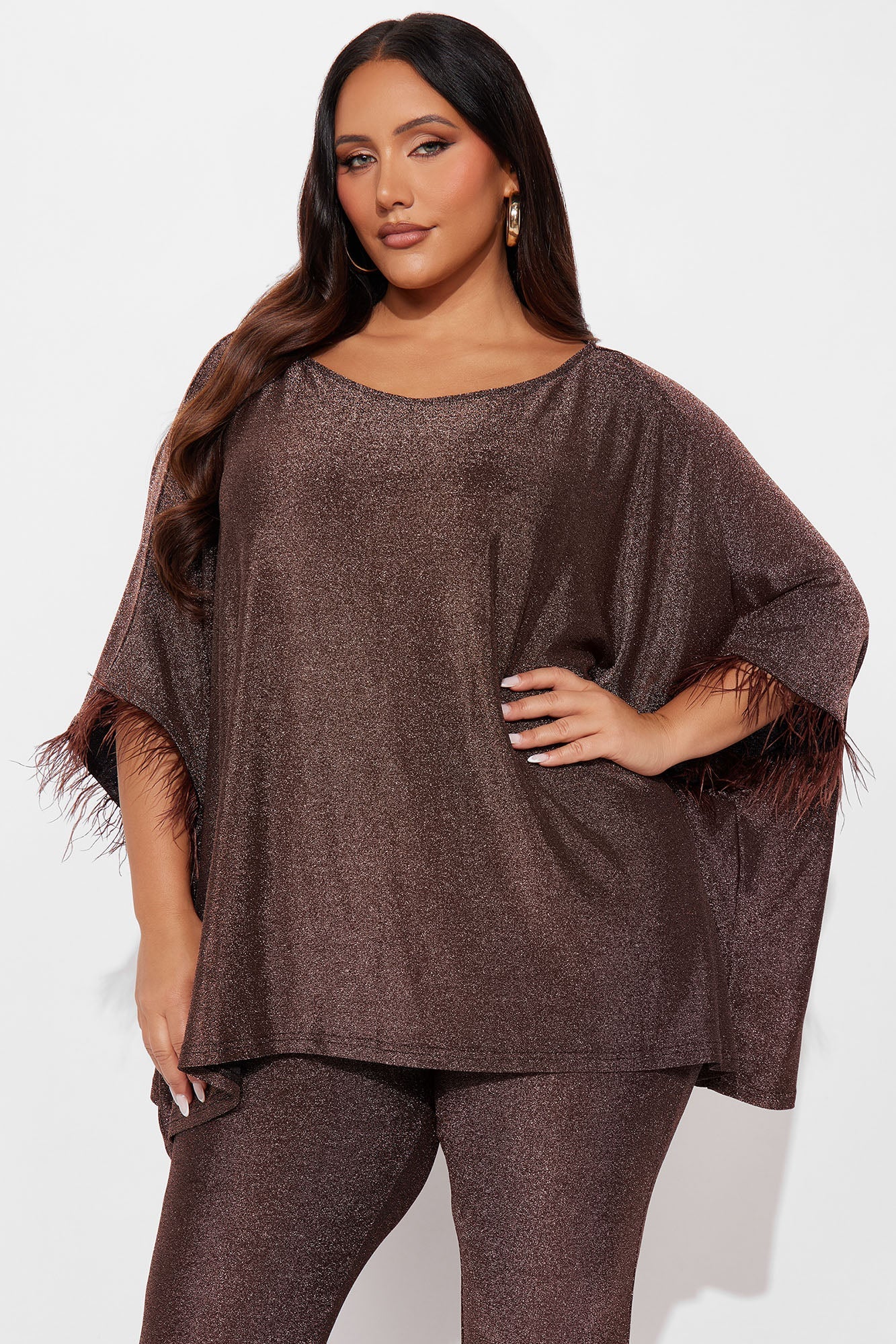 Jazelle Metallic Knit Feather Trim Pant Set  - Chocolate