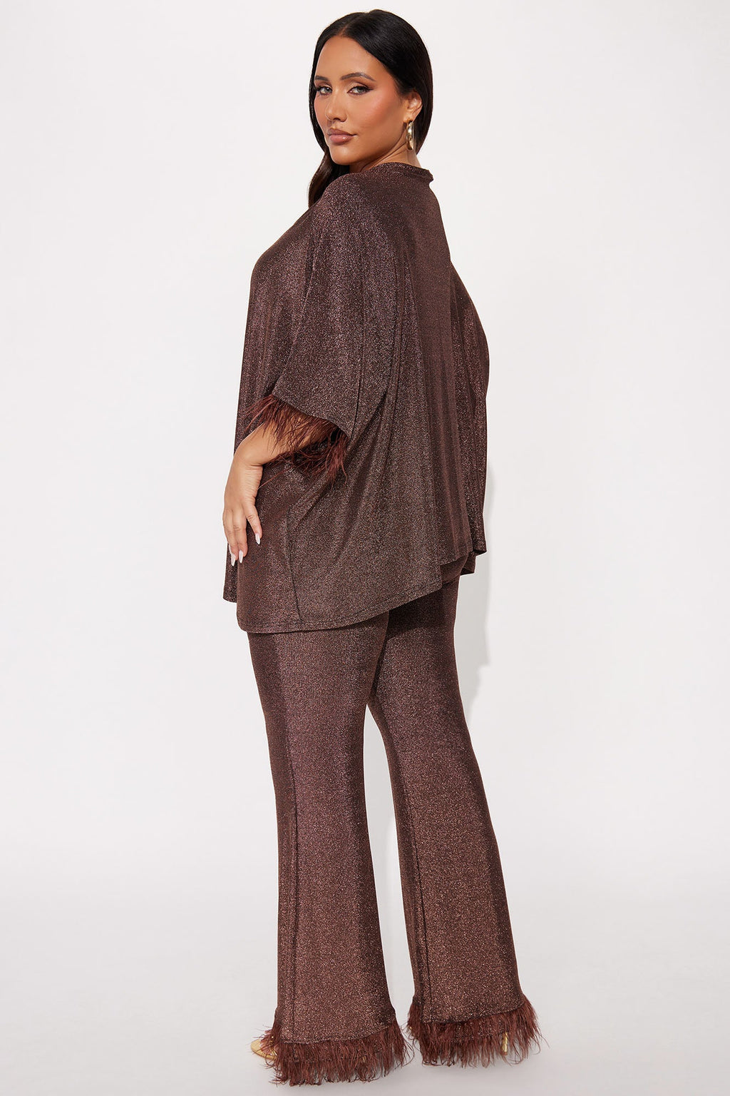 Jazelle Metallic Knit Feather Trim Pant Set  - Chocolate
