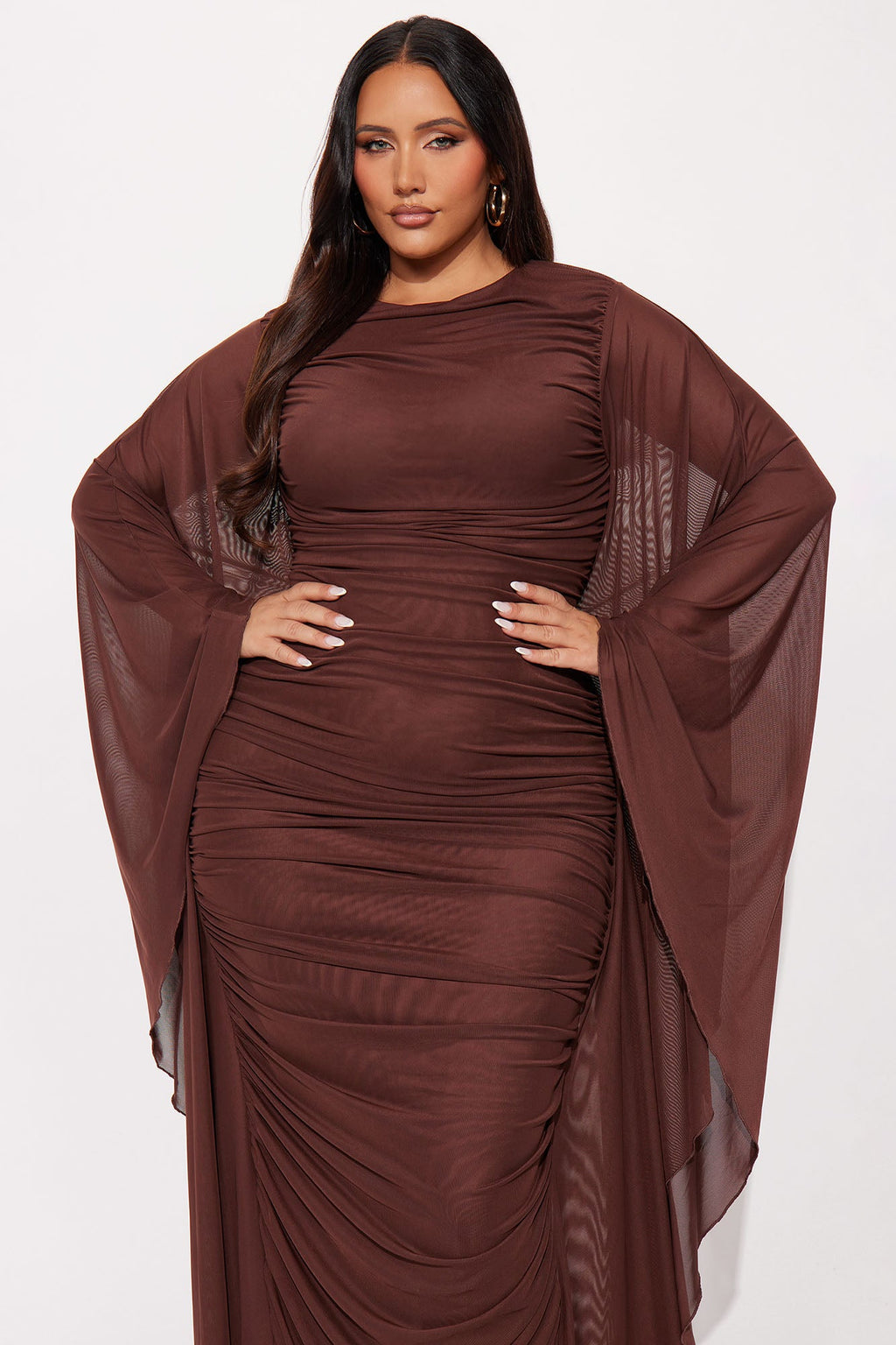 Rocca Mesh Ruched Maxi Gown - Chocolate