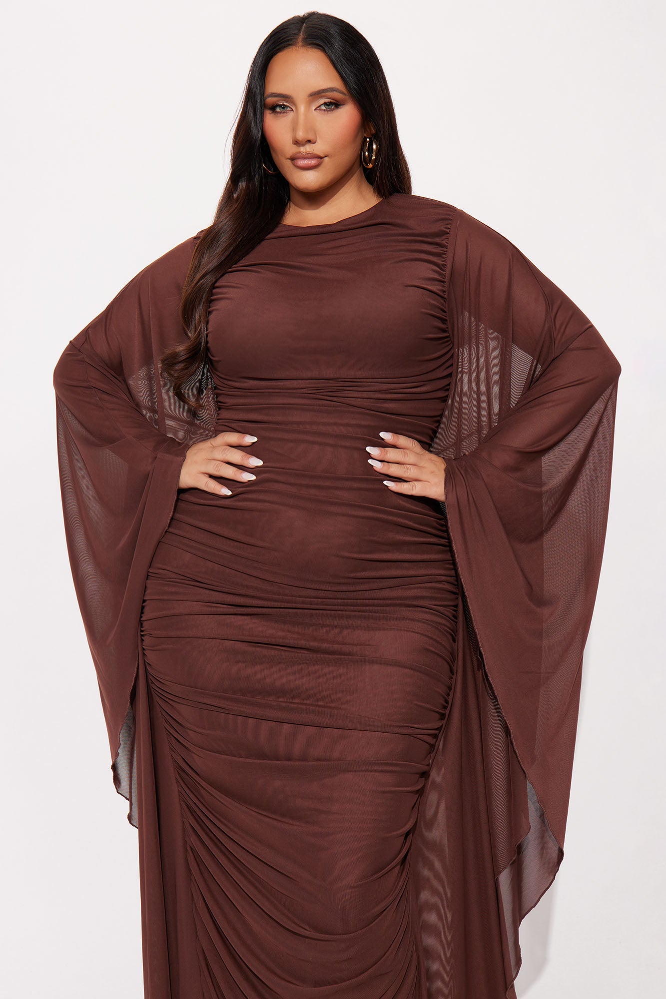 Rocca Mesh Ruched Maxi Gown - Chocolate