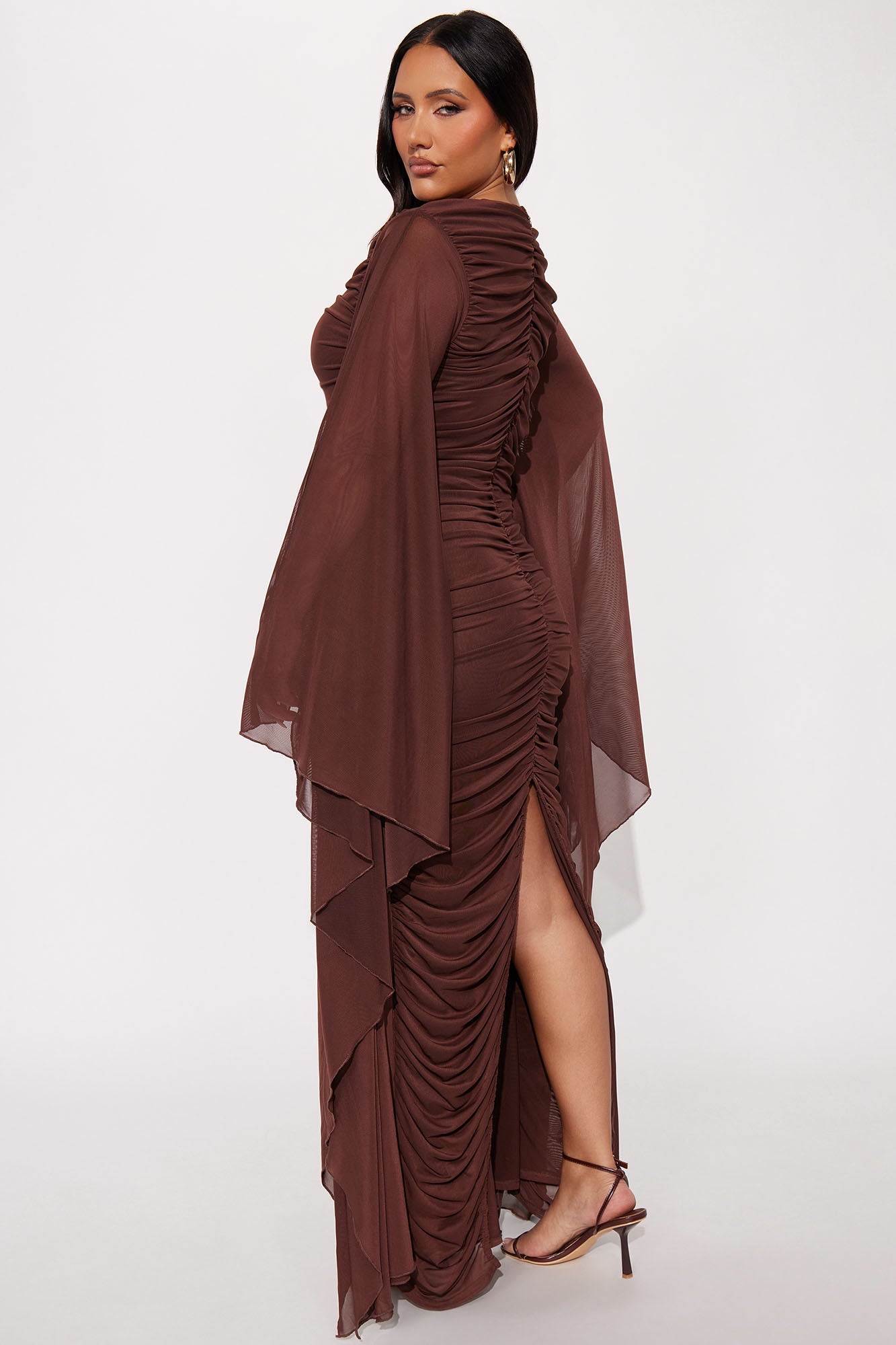 Rocca Mesh Ruched Maxi Gown - Chocolate