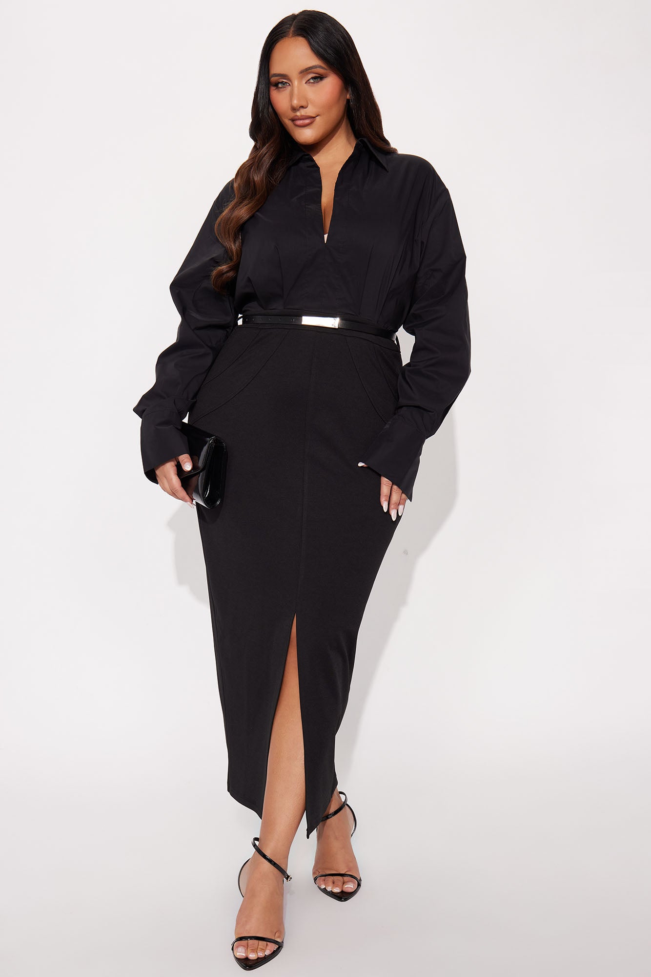 Samira Belted Maxi Shirt Dress - Black/Black