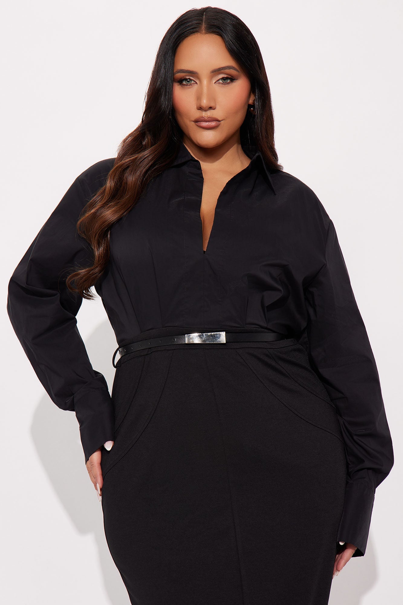 Samira Belted Maxi Shirt Dress - Black/Black