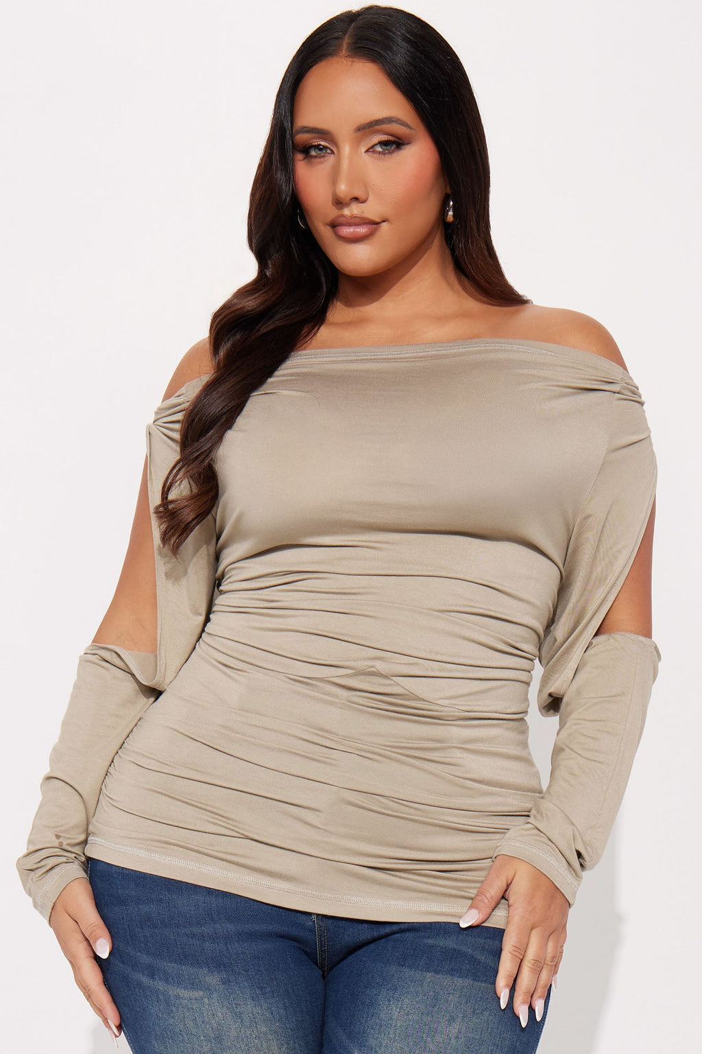 Drew Long Sleeve Off Shoulder Top - Stone