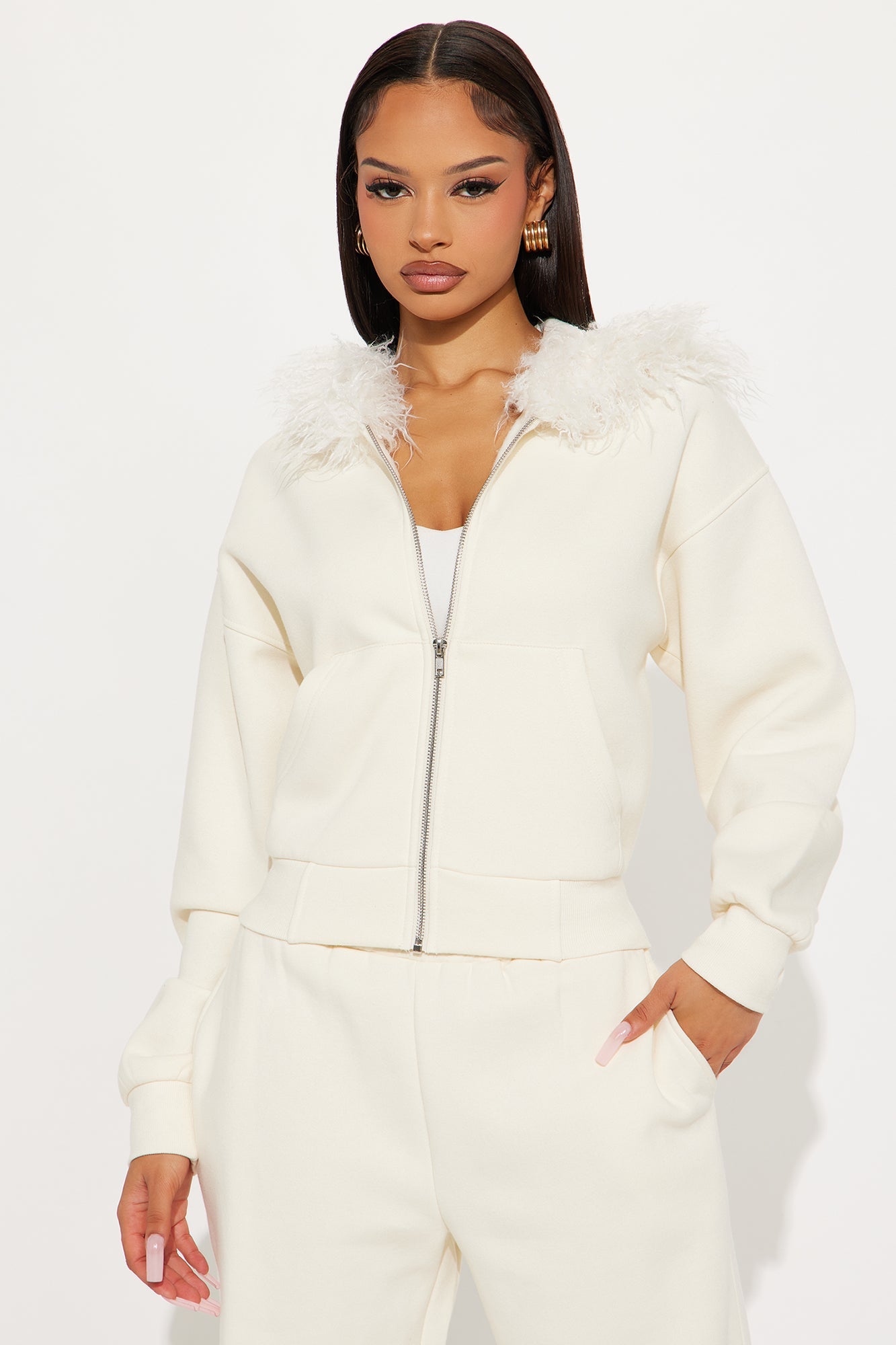 Keep Me Warm Faux Fur Trim Hoodie Set - Cream