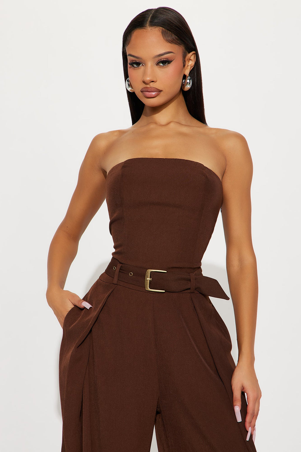 My Darling Belted Wide Leg Jumpsuit - Chocolate