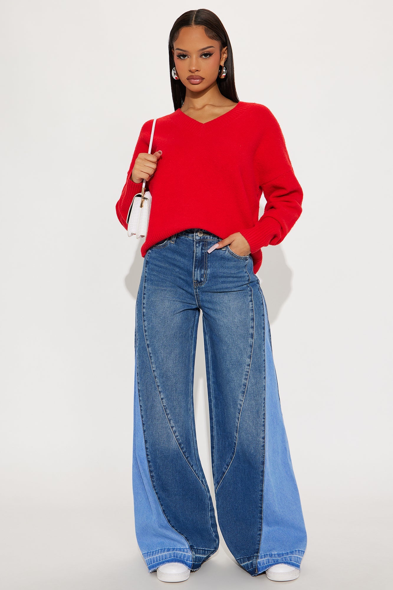 Double Take Two Tone Wide Leg Jeans - Medium Wash