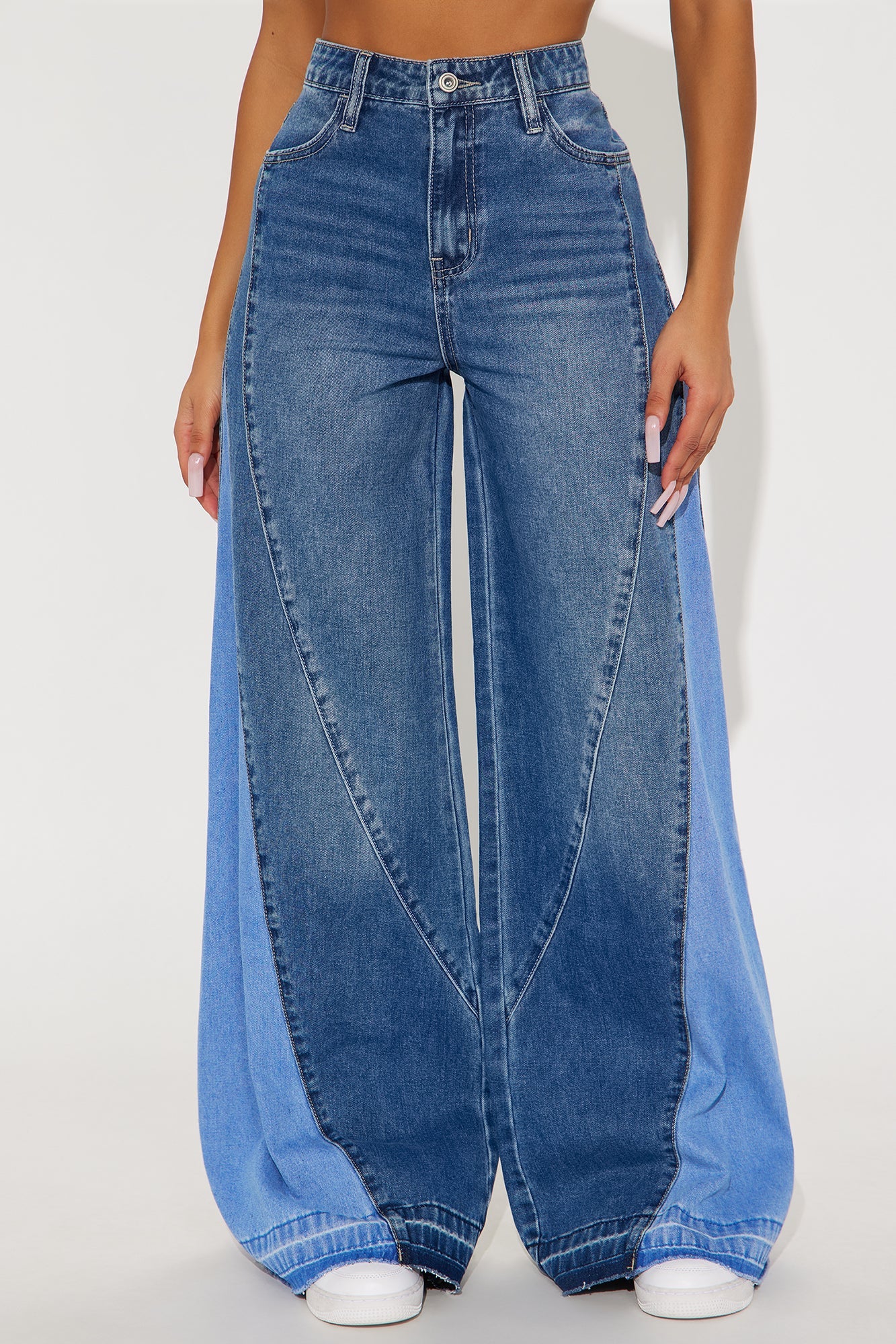 Double Take Two Tone Wide Leg Jeans - Medium Wash