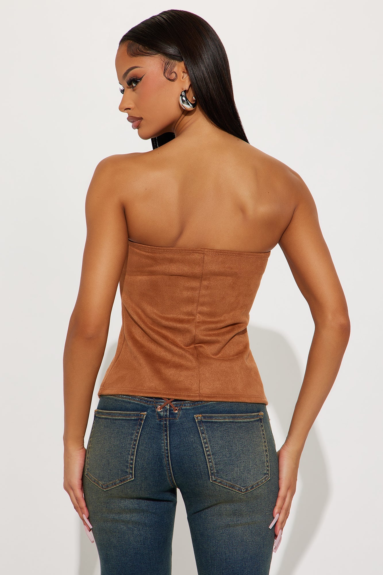 Junelia Faux Suede Strapless Corset Top - Camel
