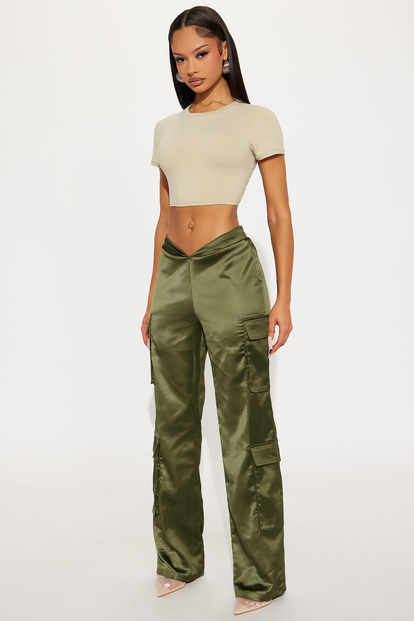 Eliza V Front Satin Straight Leg Pant 33″ - Olive