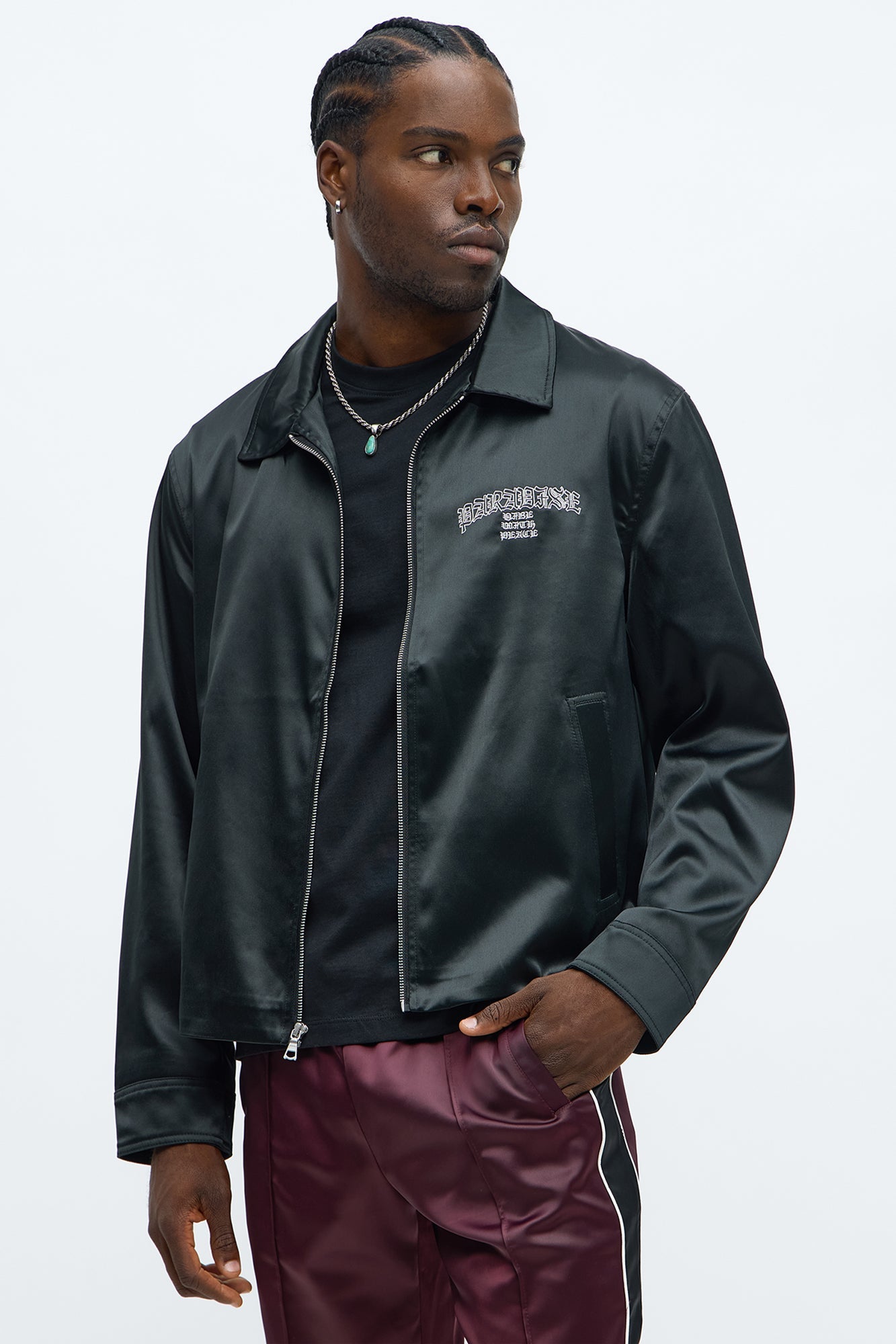 Cropped Paradise Satin Zip Up Jacket - Black