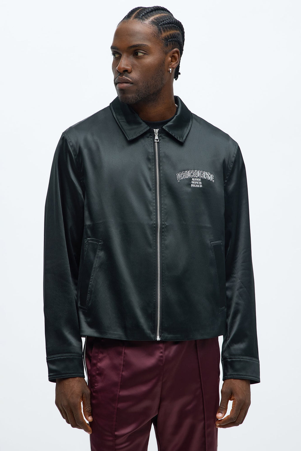 Cropped Paradise Satin Zip Up Jacket - Black
