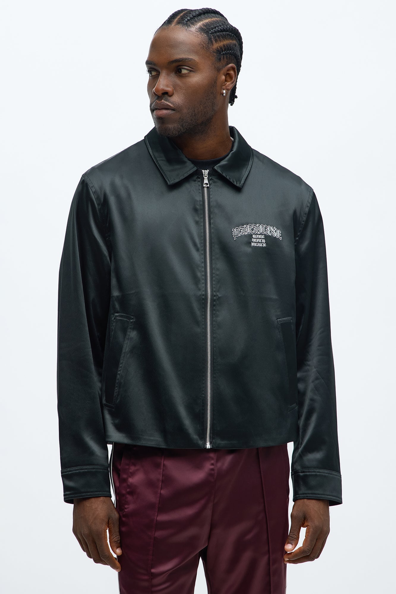 Cropped Paradise Satin Zip Up Jacket - Black
