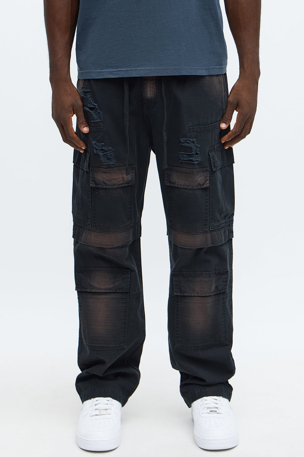 Baggy Burn It Up Distressed Cargo Pants - Black