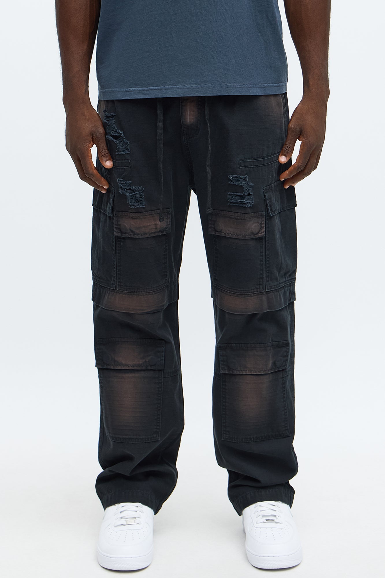 Baggy Burn It Up Distressed Cargo Pants - Black