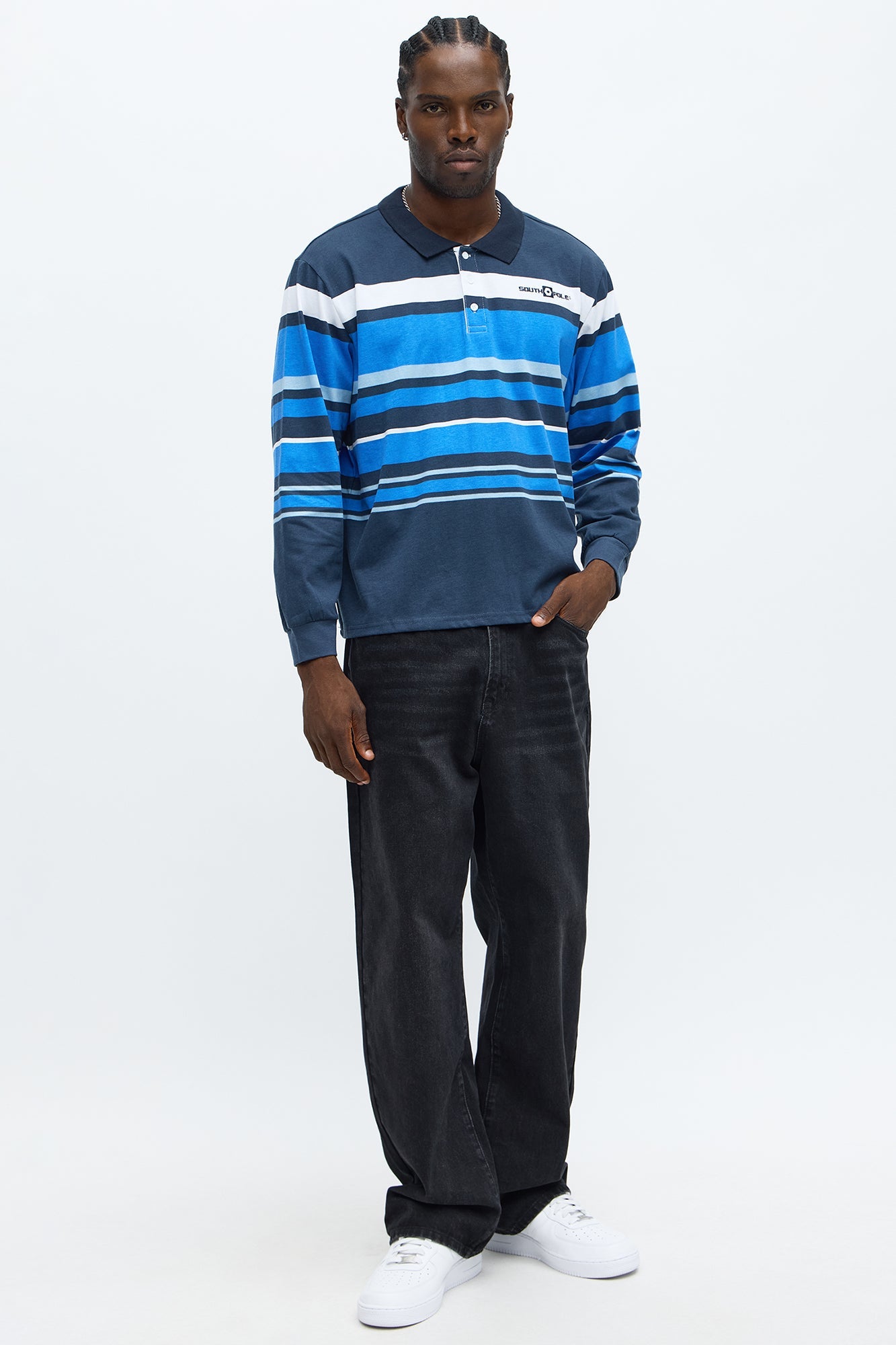 Southpole Long Sleeve Mid Striped Polo - Navy