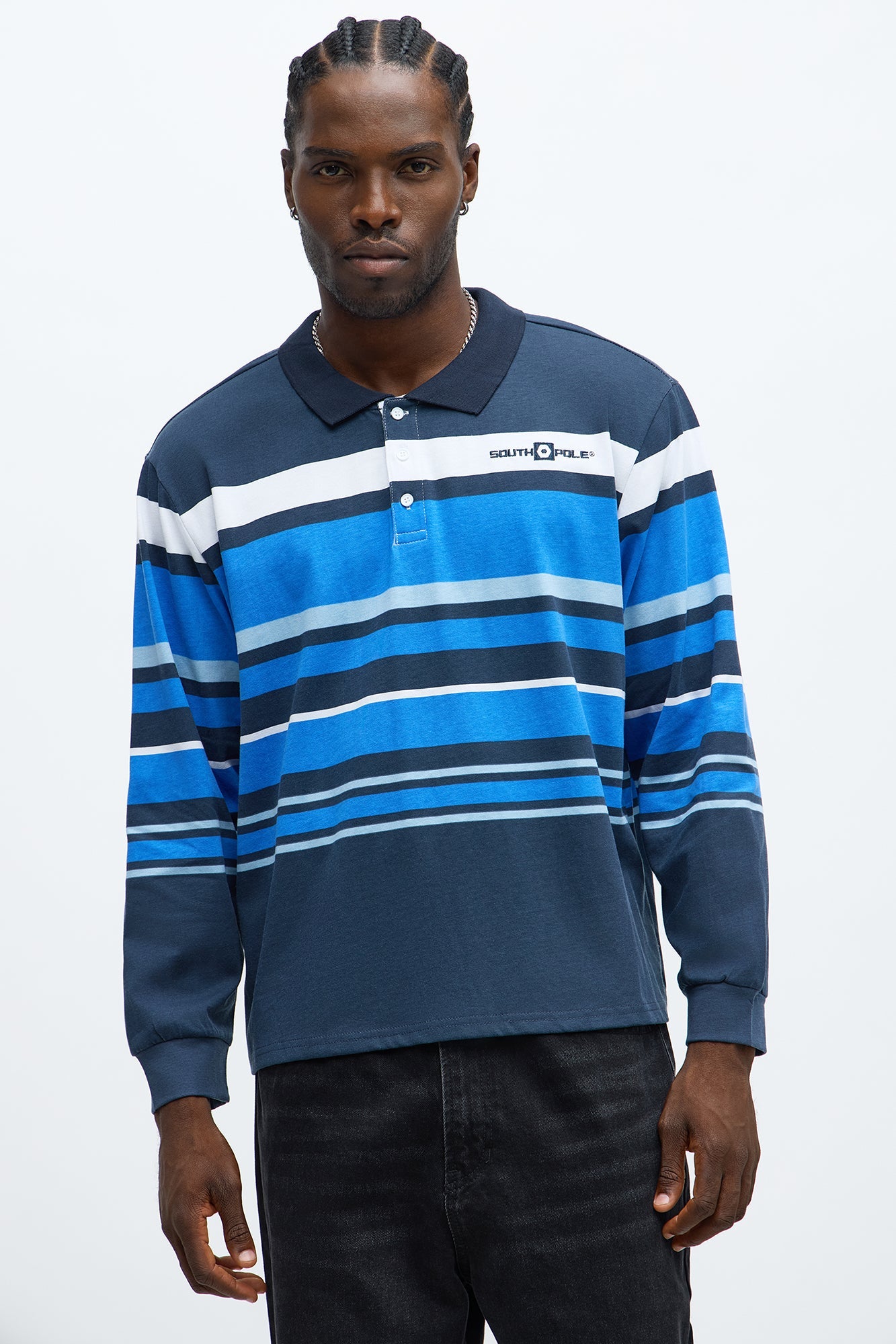 Southpole Long Sleeve Mid Striped Polo - Navy