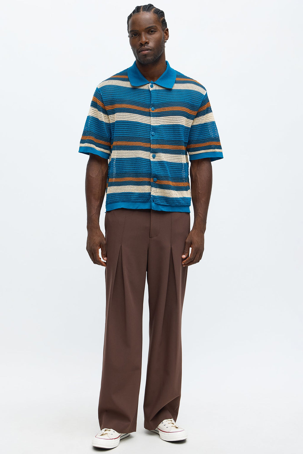 Regular Fit Striped Crochet Button Up Shirt - Blue