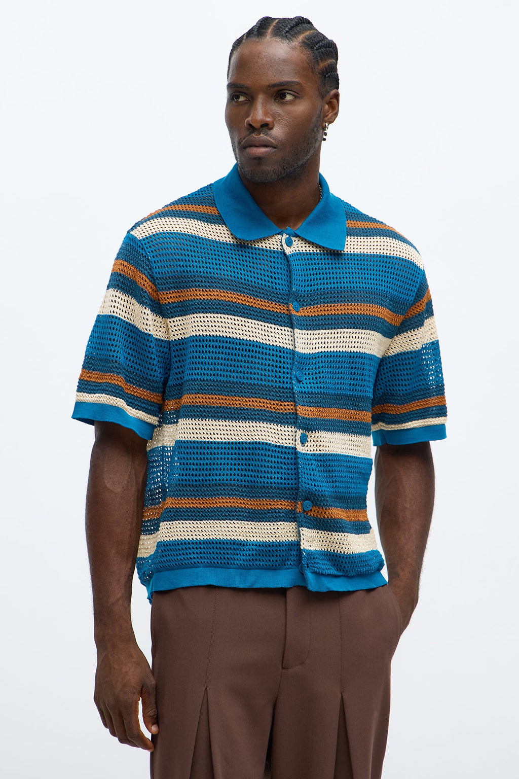 Regular Fit Striped Crochet Button Up Shirt - Blue