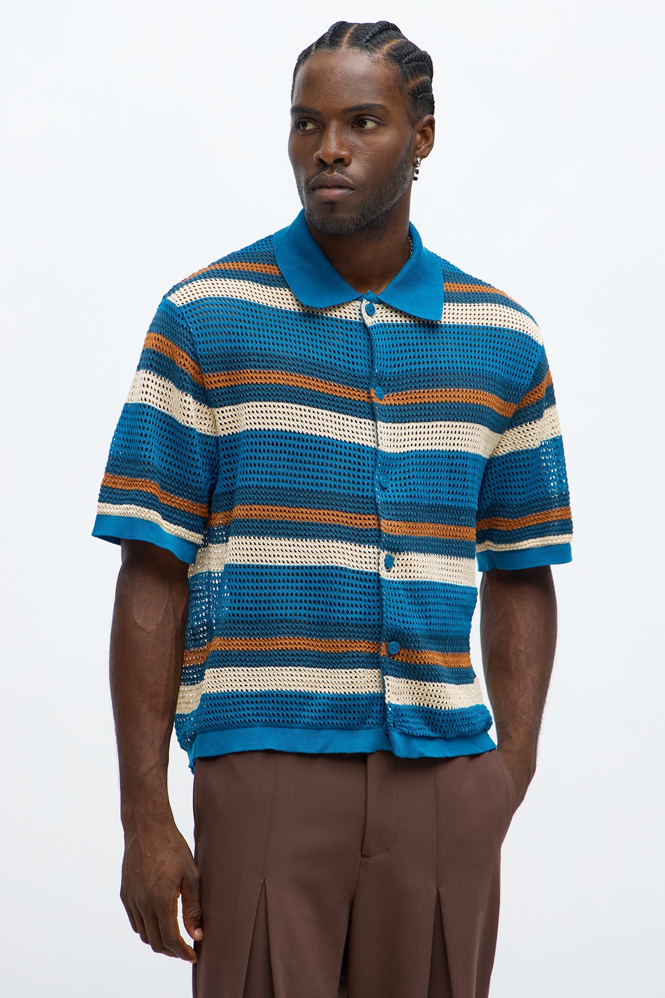 Regular Fit Striped Crochet Button Up Shirt - Blue