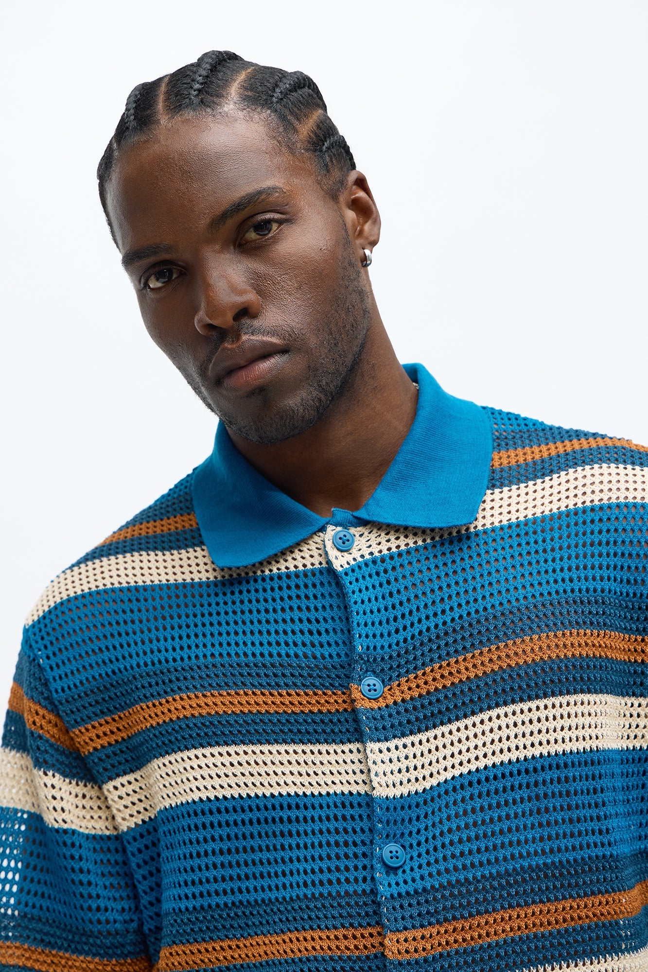 Regular Fit Striped Crochet Button Up Shirt - Blue
