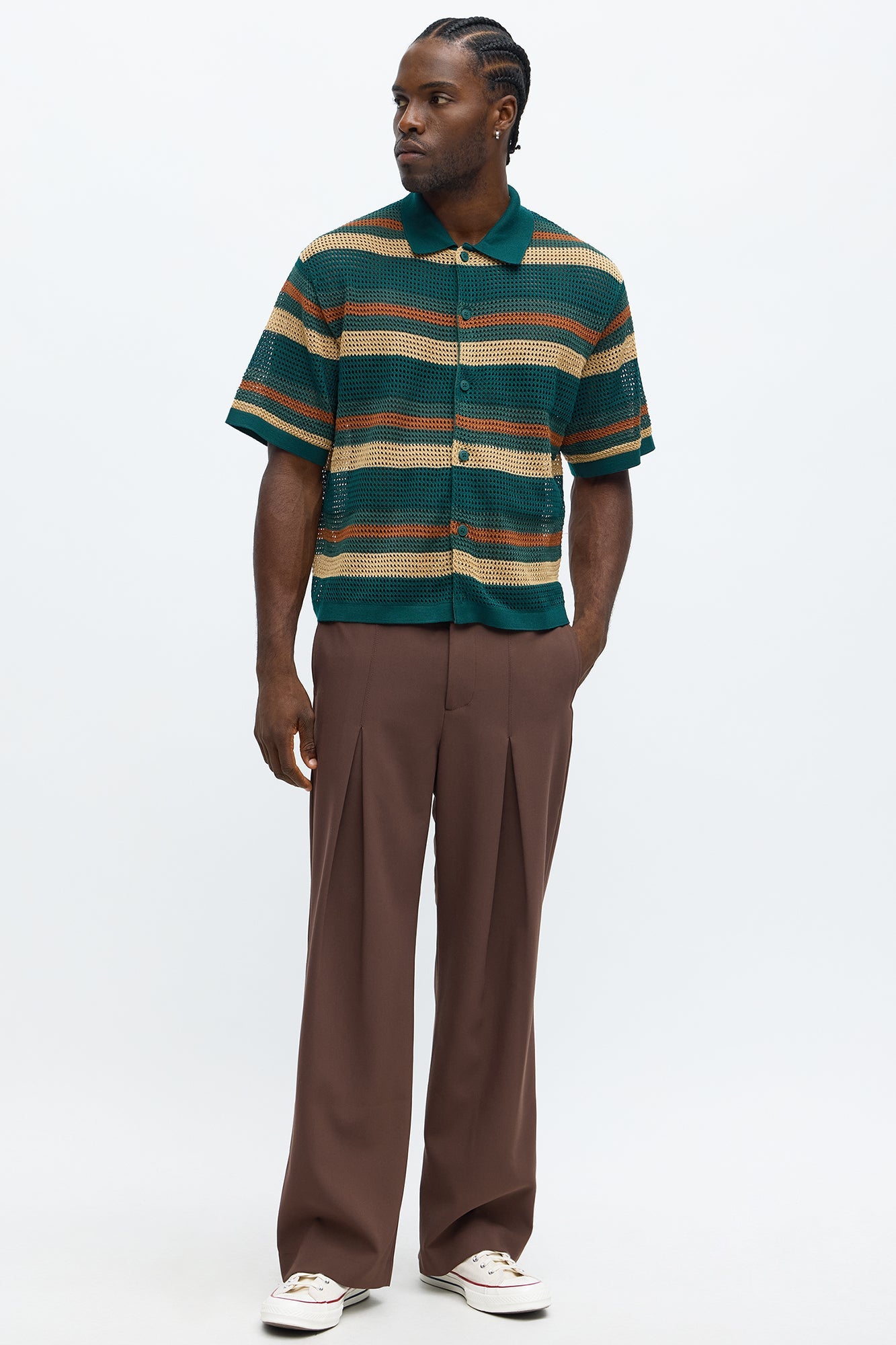 Regular Fit Striped Crochet Button Up Shirt - Teal