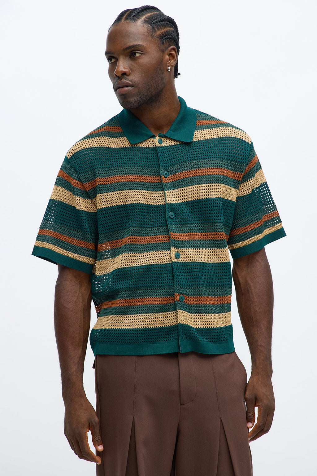 Regular Fit Striped Crochet Button Up Shirt - Teal