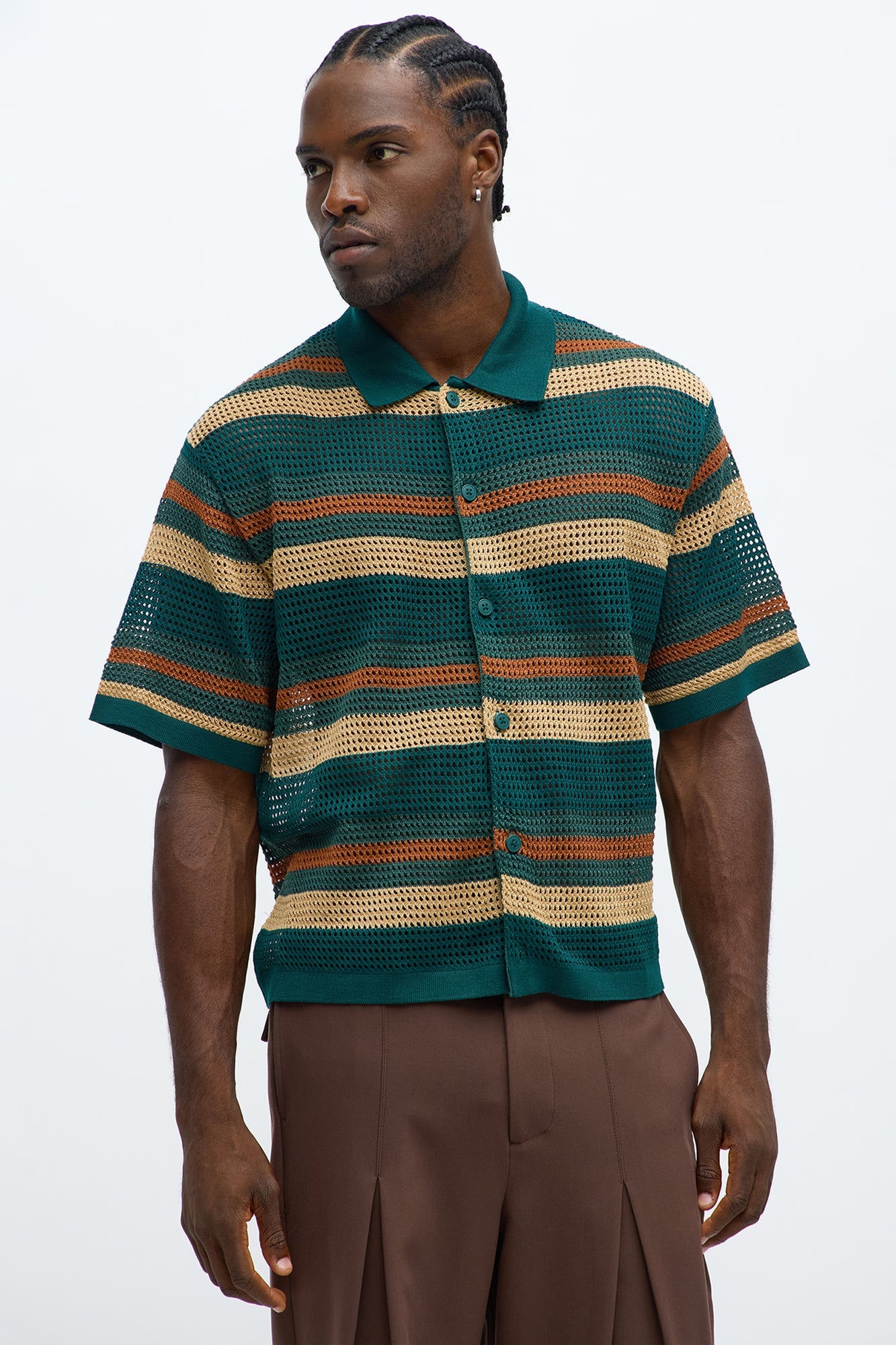Regular Fit Striped Crochet Button Up Shirt - Teal