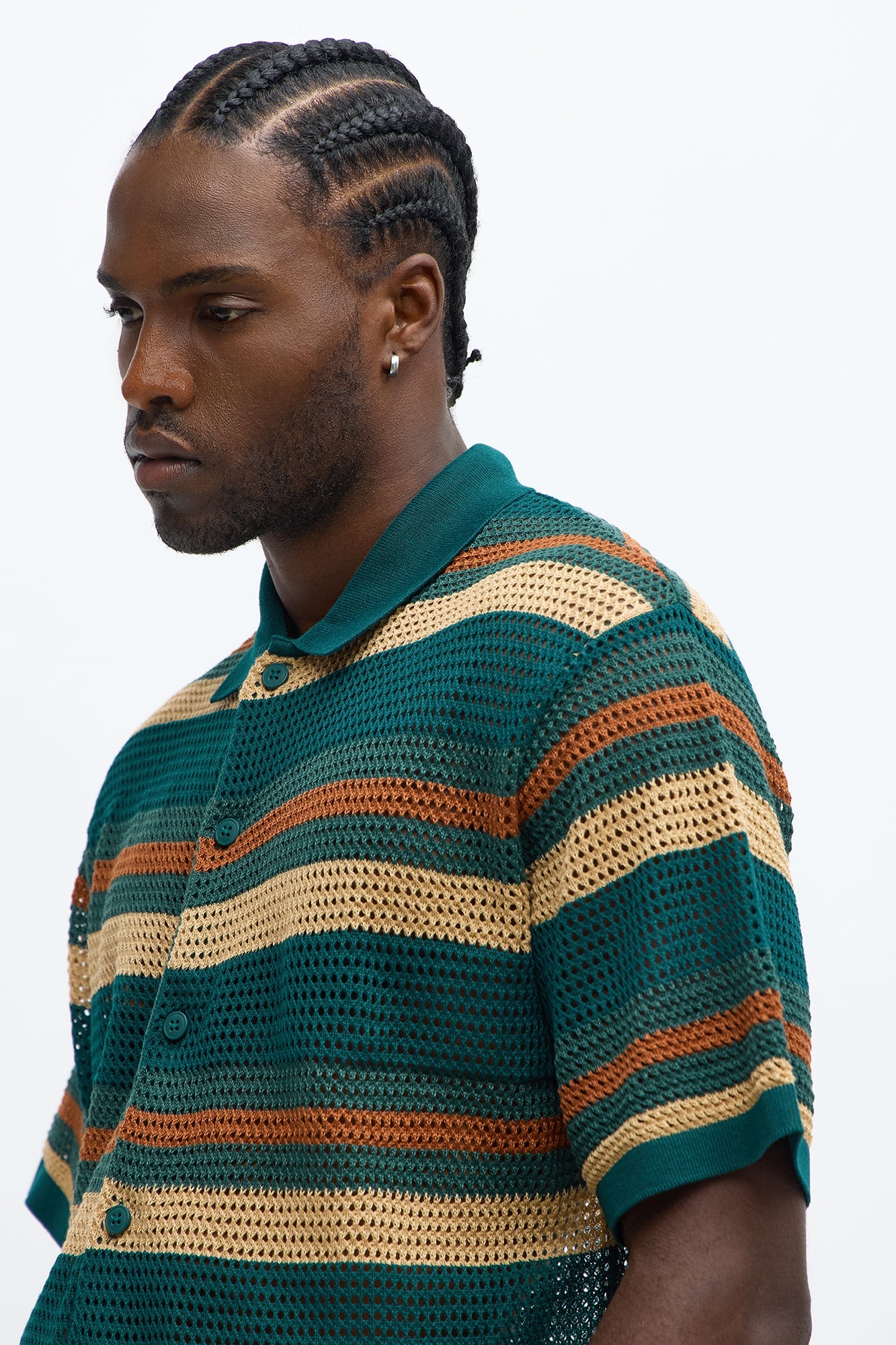 Regular Fit Striped Crochet Button Up Shirt - Teal