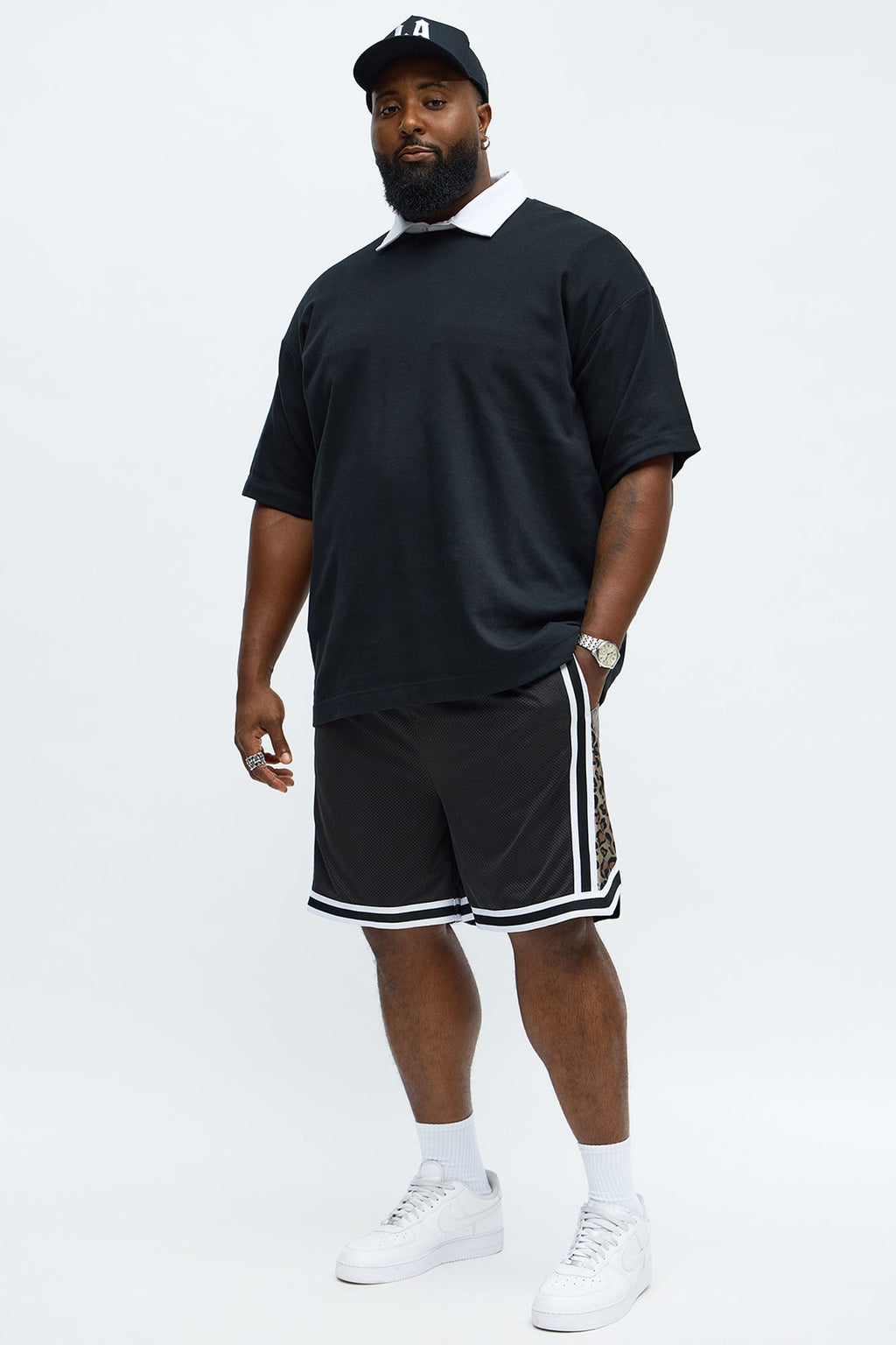 Relaxed Animal Print Panels Shorts - Black