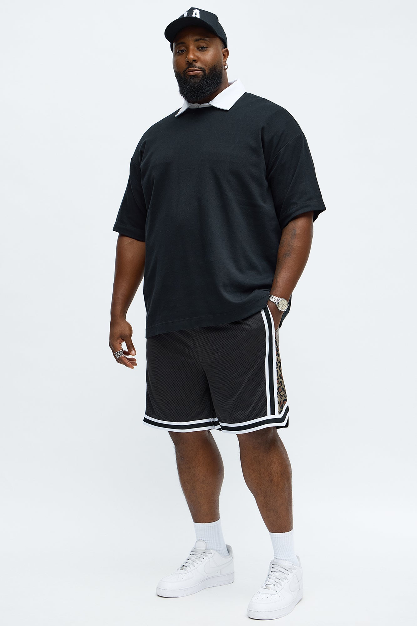 Relaxed Animal Print Panels Shorts - Black