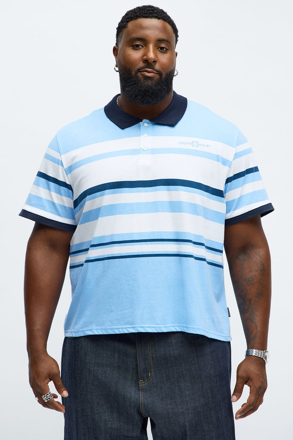 Southpole Short Sleeve Mid Striped Polo - Blue
