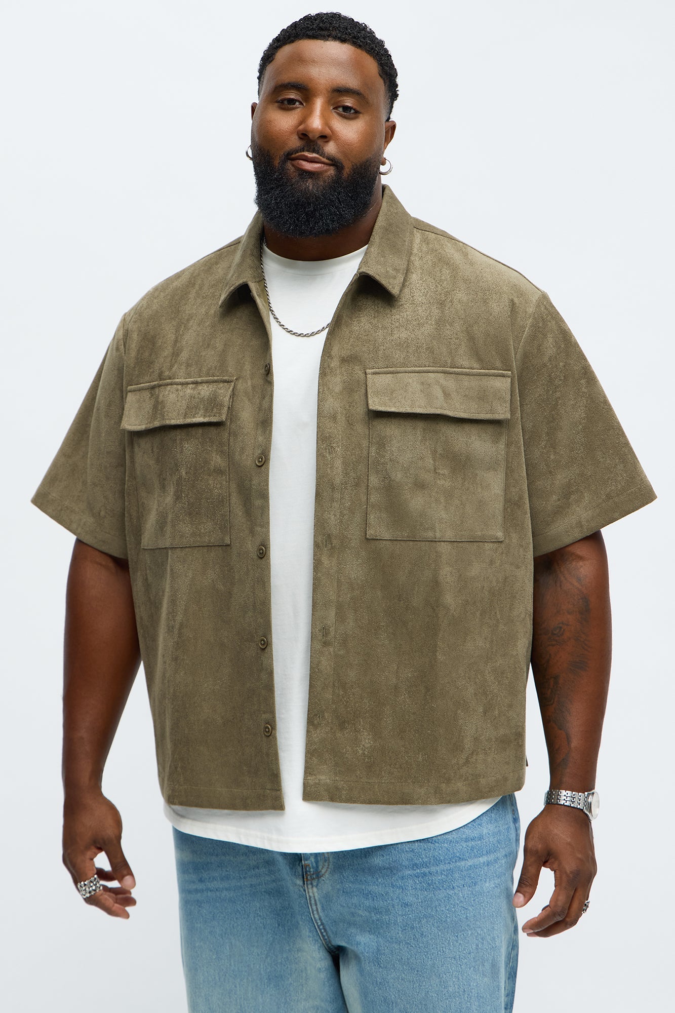 Relaxed Brushed Double Pocket Button Up Shirt - Olive