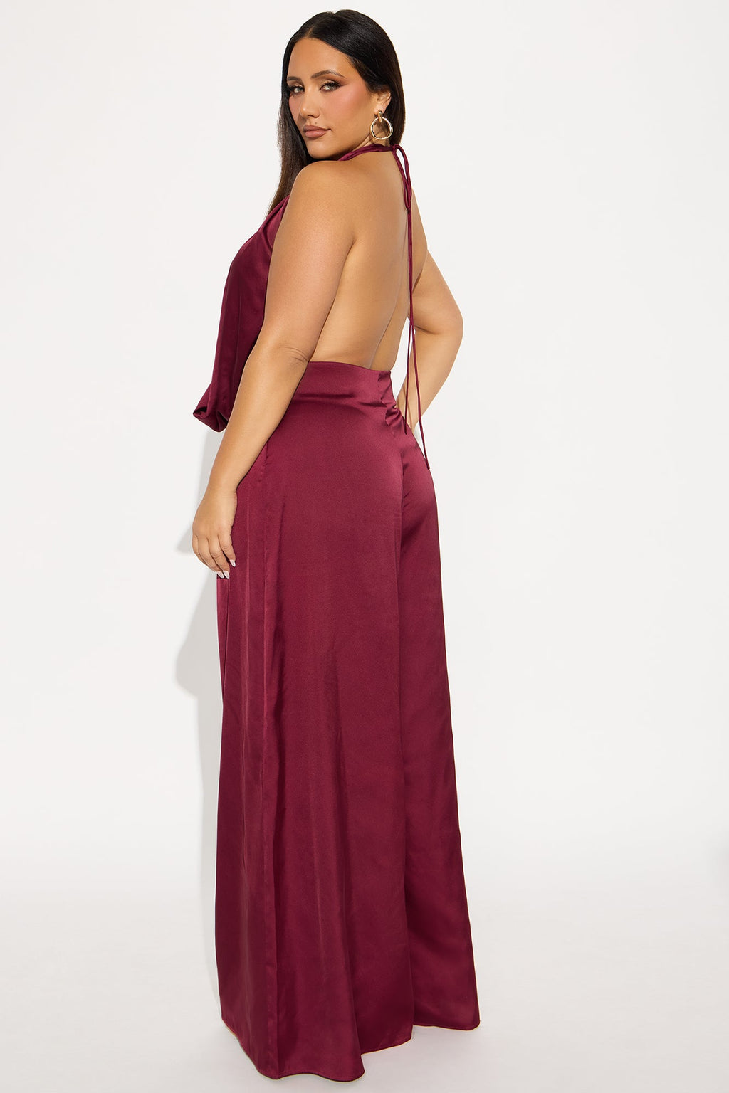 Sun and Sips Solid Satin Jumpsuit - Wine