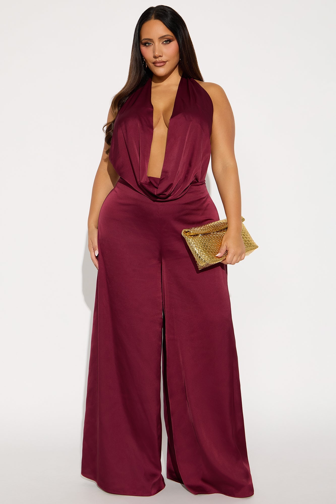 Sun and Sips Solid Satin Jumpsuit - Wine
