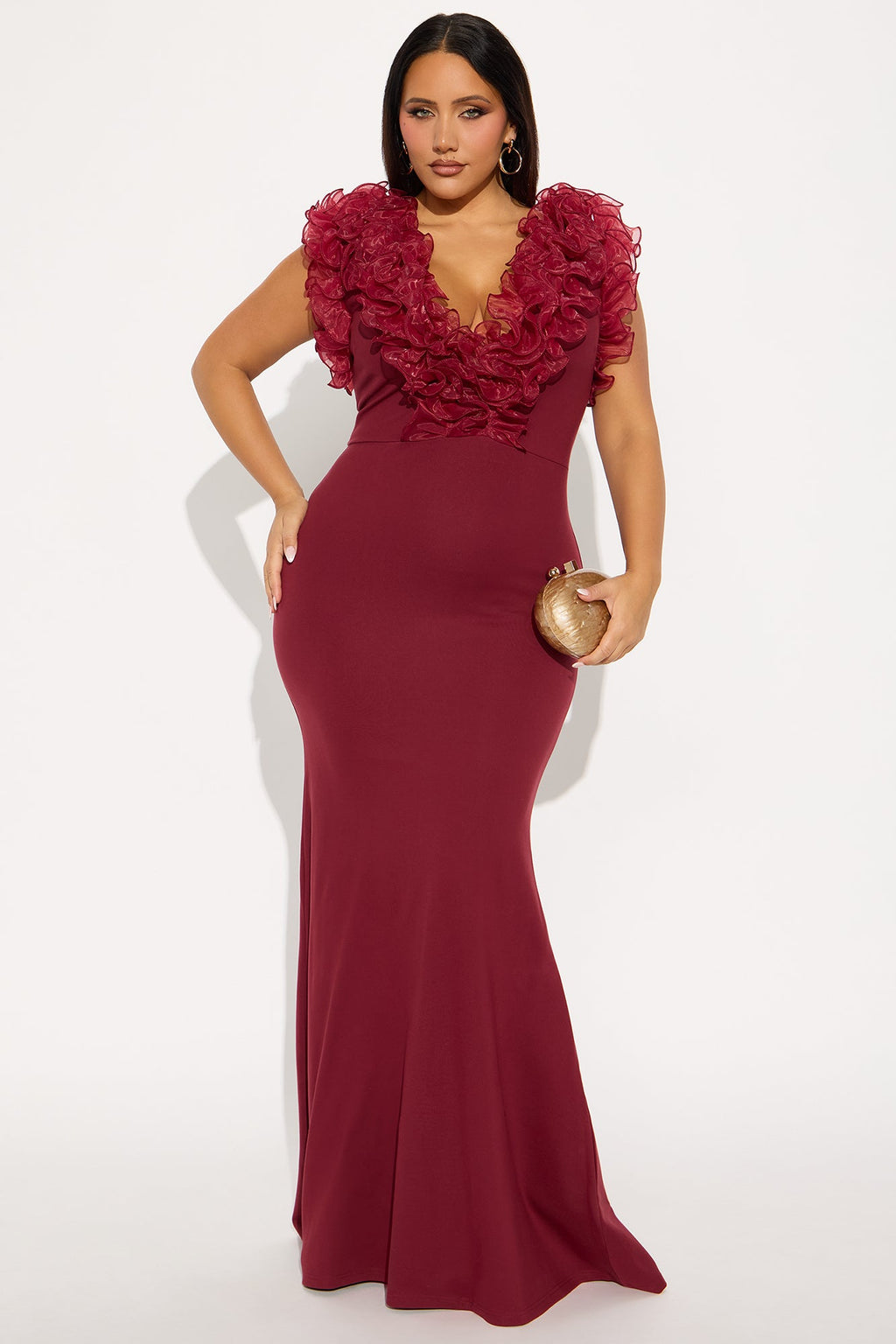 Like To Show Ruffle Maxi Gown - Burgundy