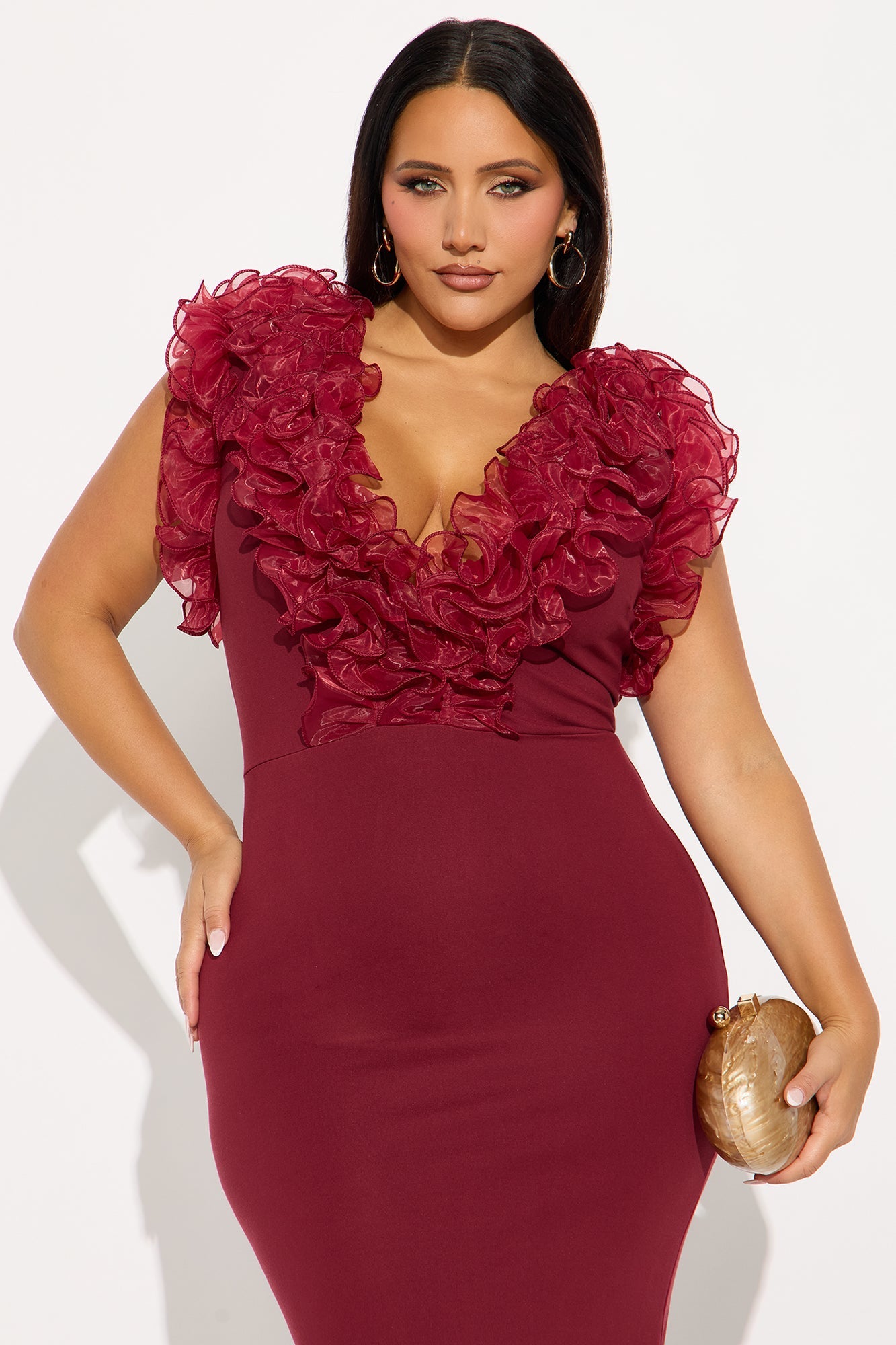 Like To Show Ruffle Maxi Gown - Burgundy