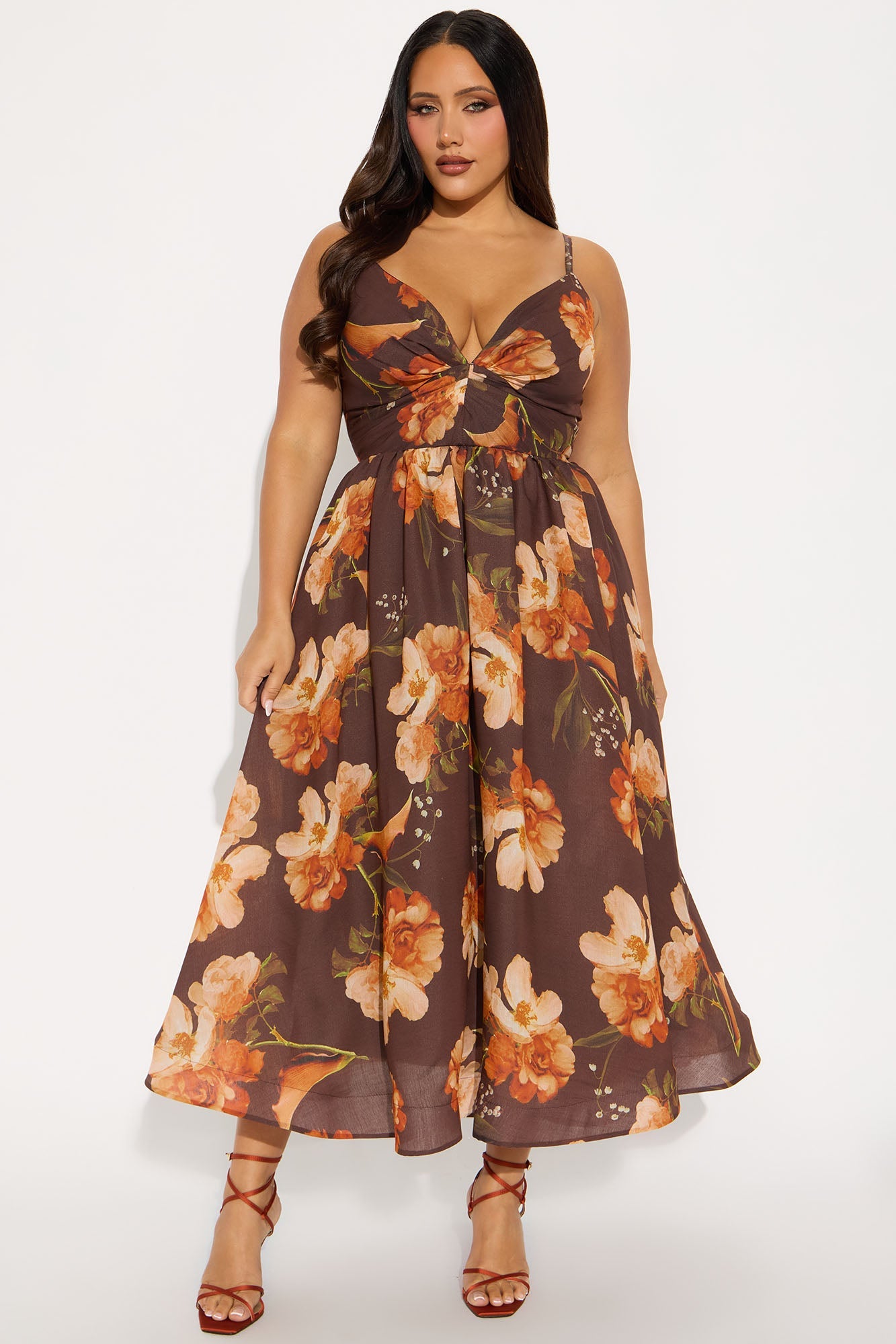 Caitlin Pleated Floral Midi Dress - Brown/combo