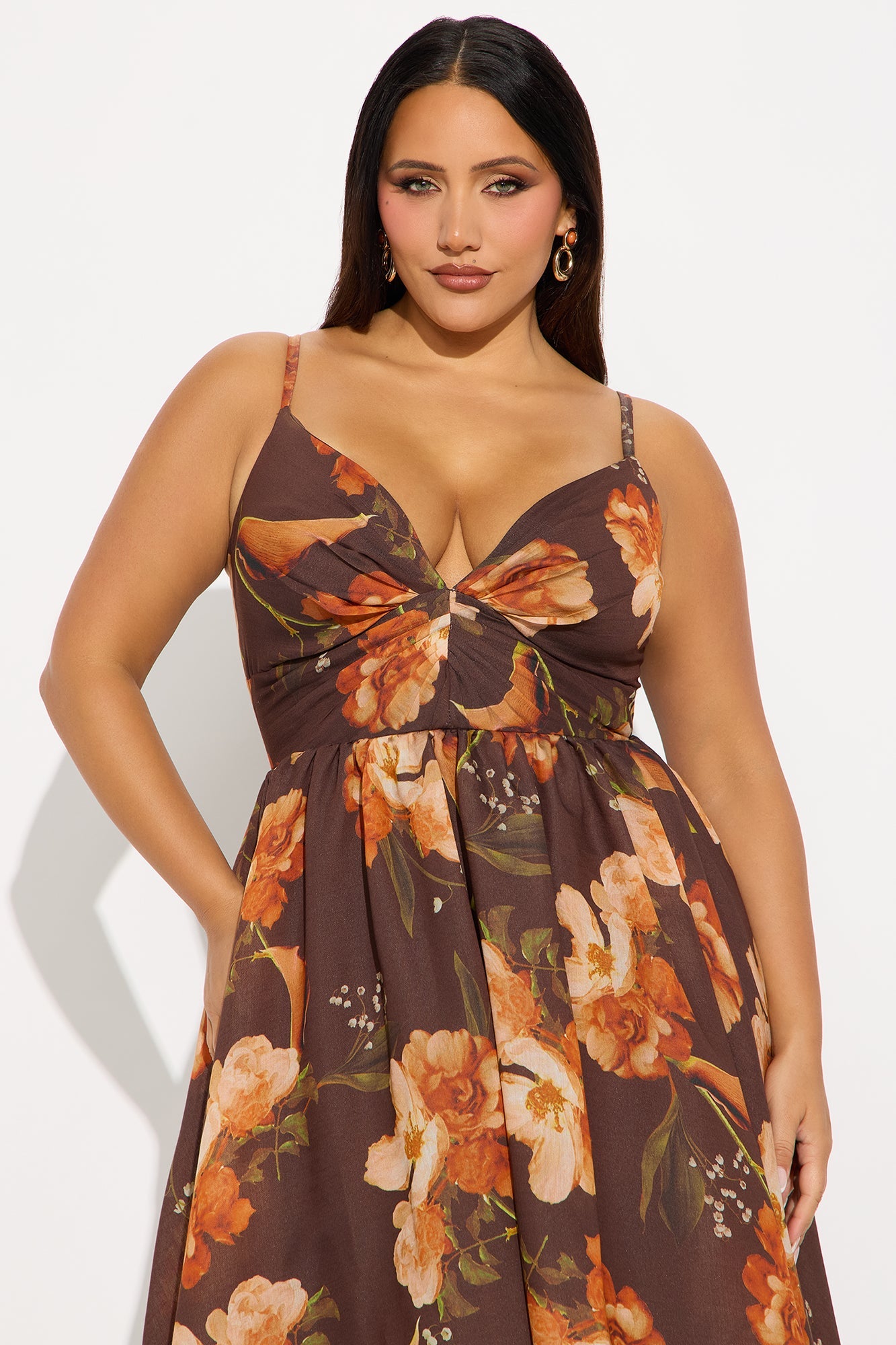 Caitlin Pleated Floral Midi Dress - Brown/combo