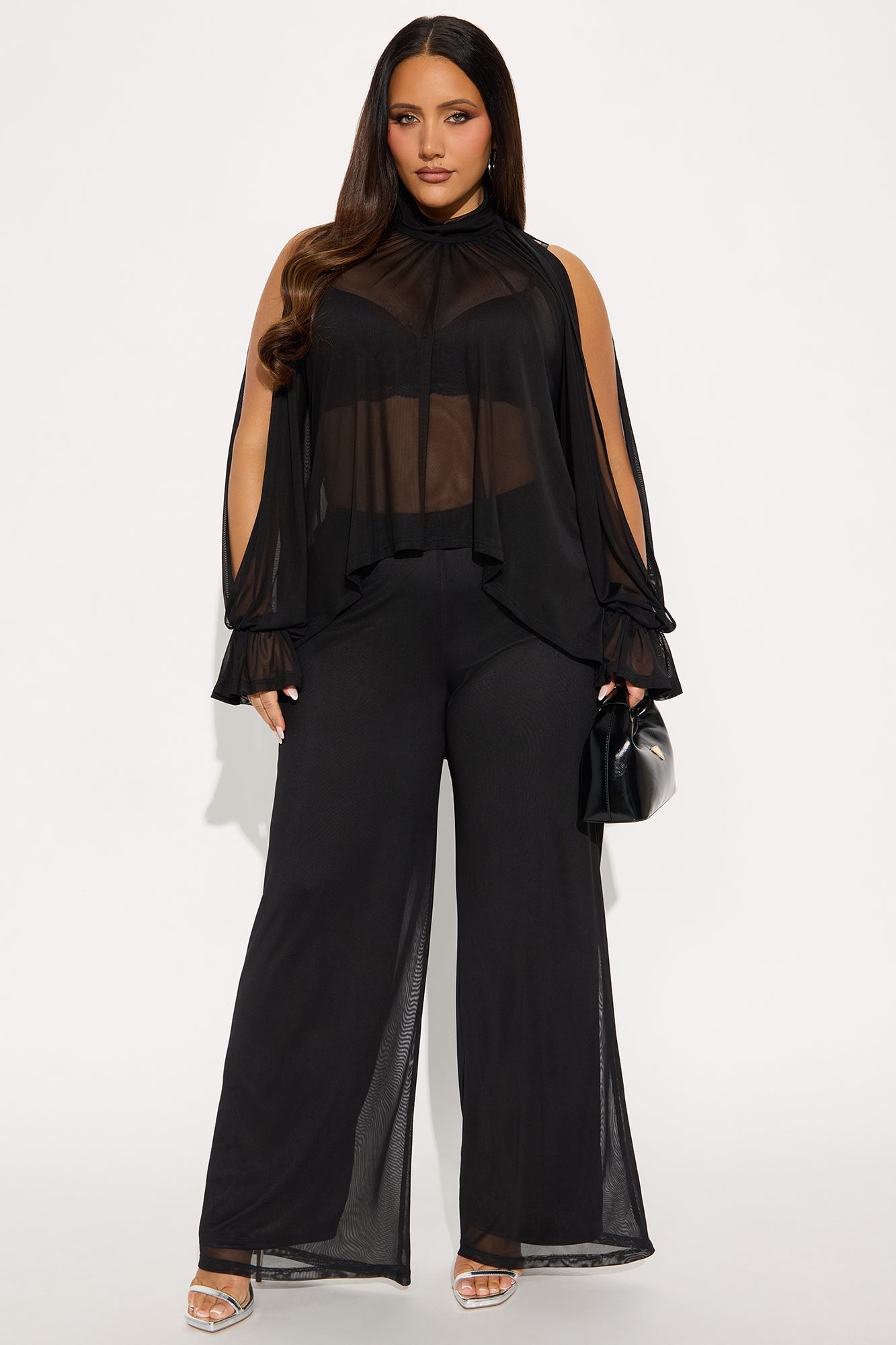 Divine Dreamer Draped Sheer Mesh Pant Set - Black