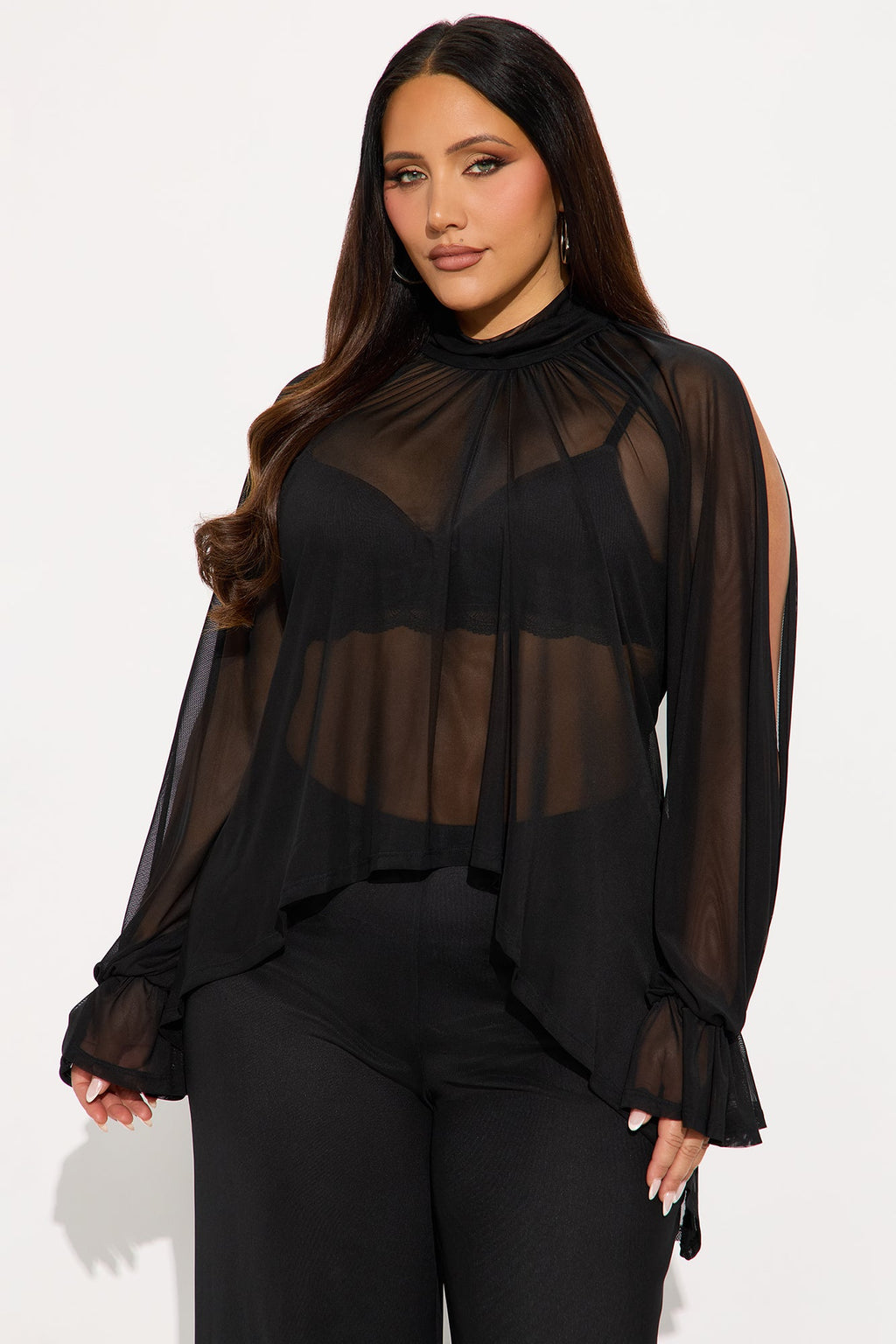 Divine Dreamer Draped Sheer Mesh Pant Set - Black