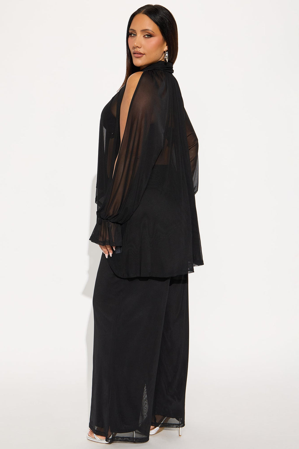 Divine Dreamer Draped Sheer Mesh Pant Set - Black