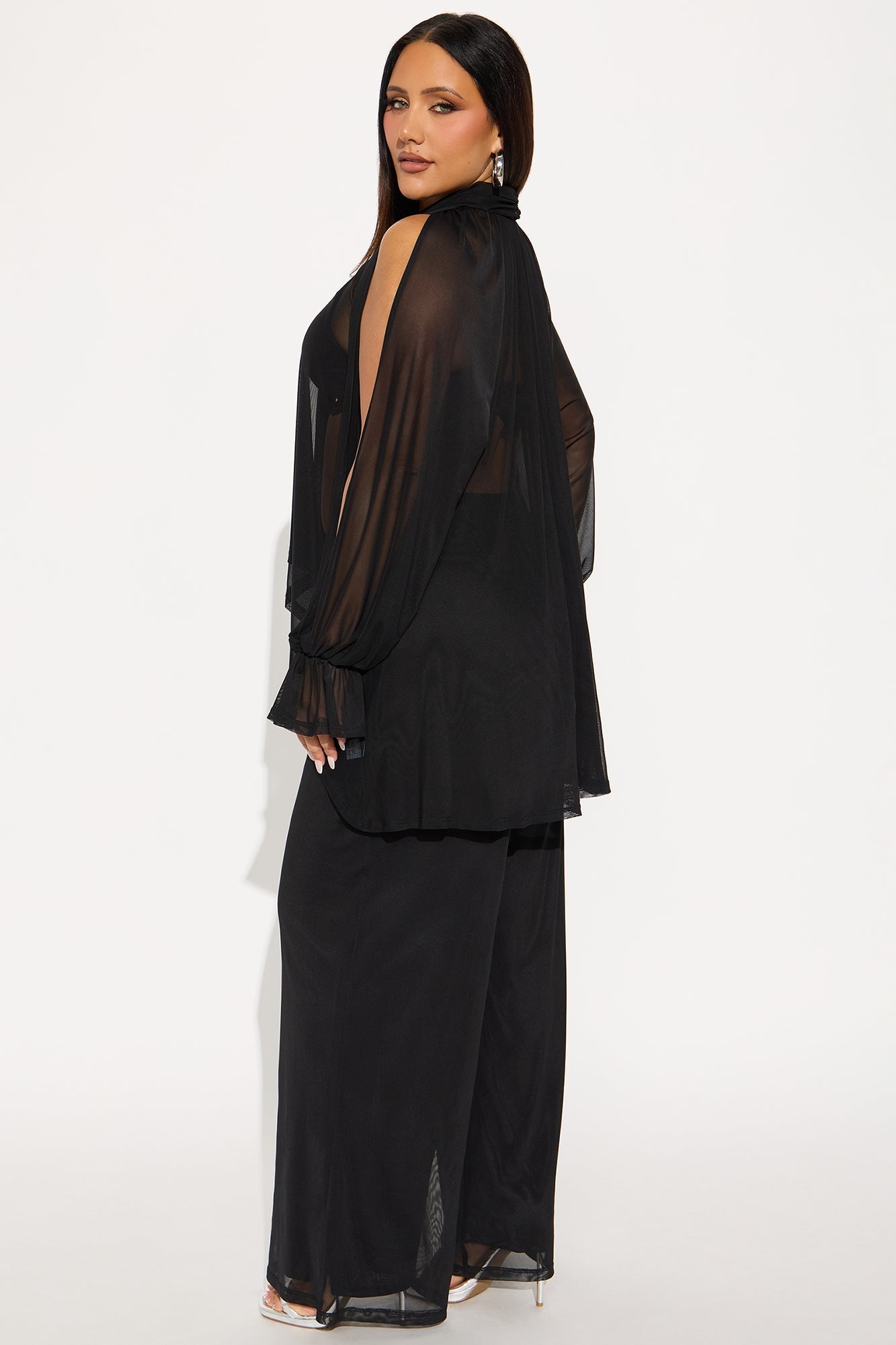 Divine Dreamer Draped Sheer Mesh Pant Set - Black