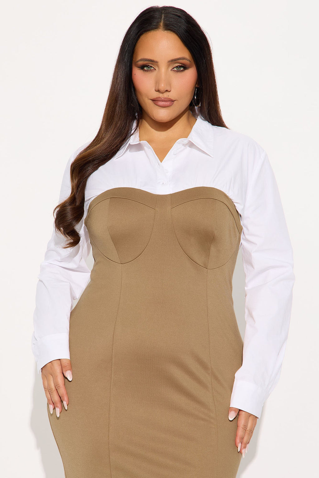 Julie Collar Long Sleeve Midi Dress - Khaki/combo